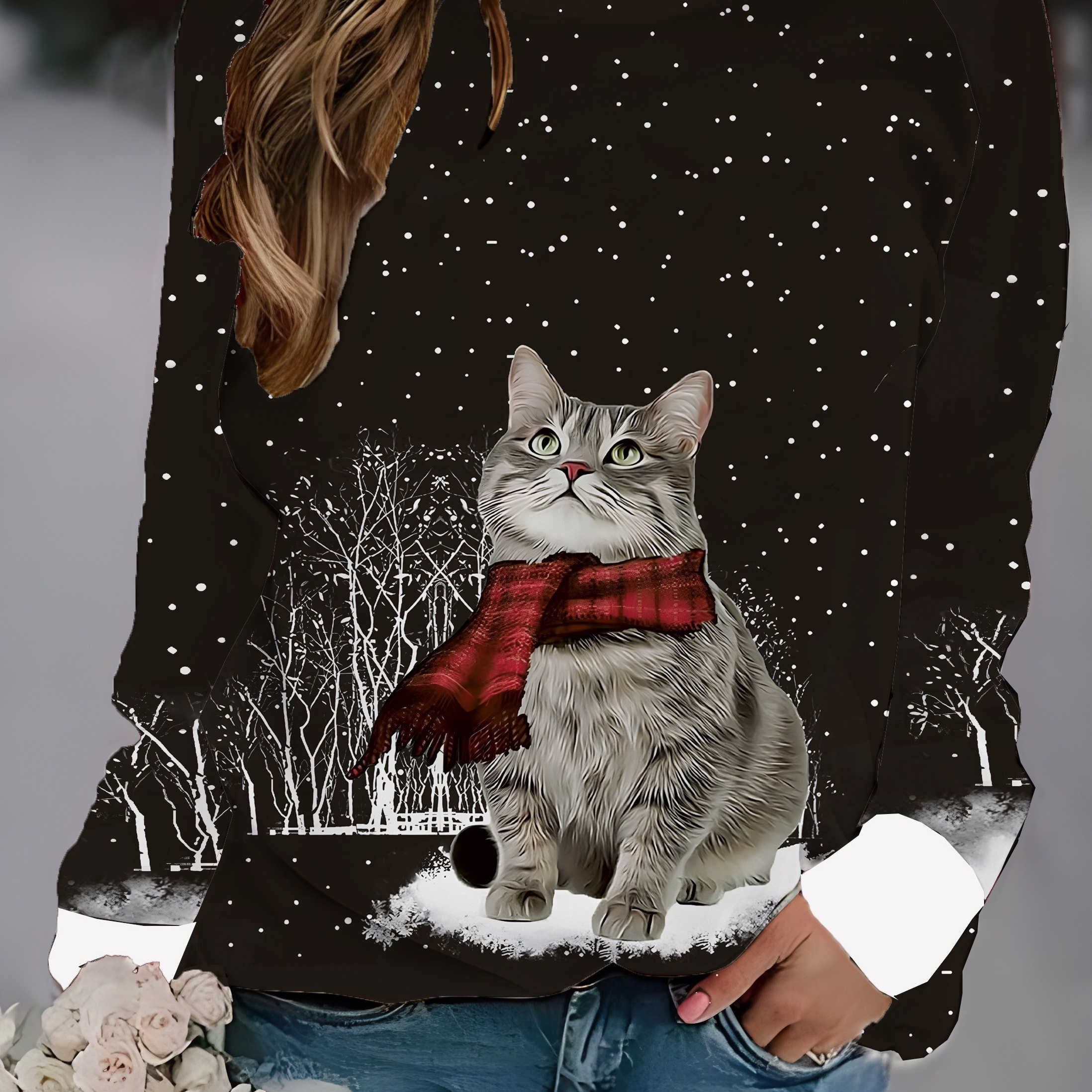 Christmas Cat Sweatshirt For Women - Casual Round Neck Long Sleeve Hoodie With Print, Polyester Knit Fabric, Regular Fit, For Daily And
Christmas Cat Sweatshirt For Women - Casual Round Neck Long Sleeve Hoodie With Print, Polyester Knit Fabric, Regular Fit, For Daily And
