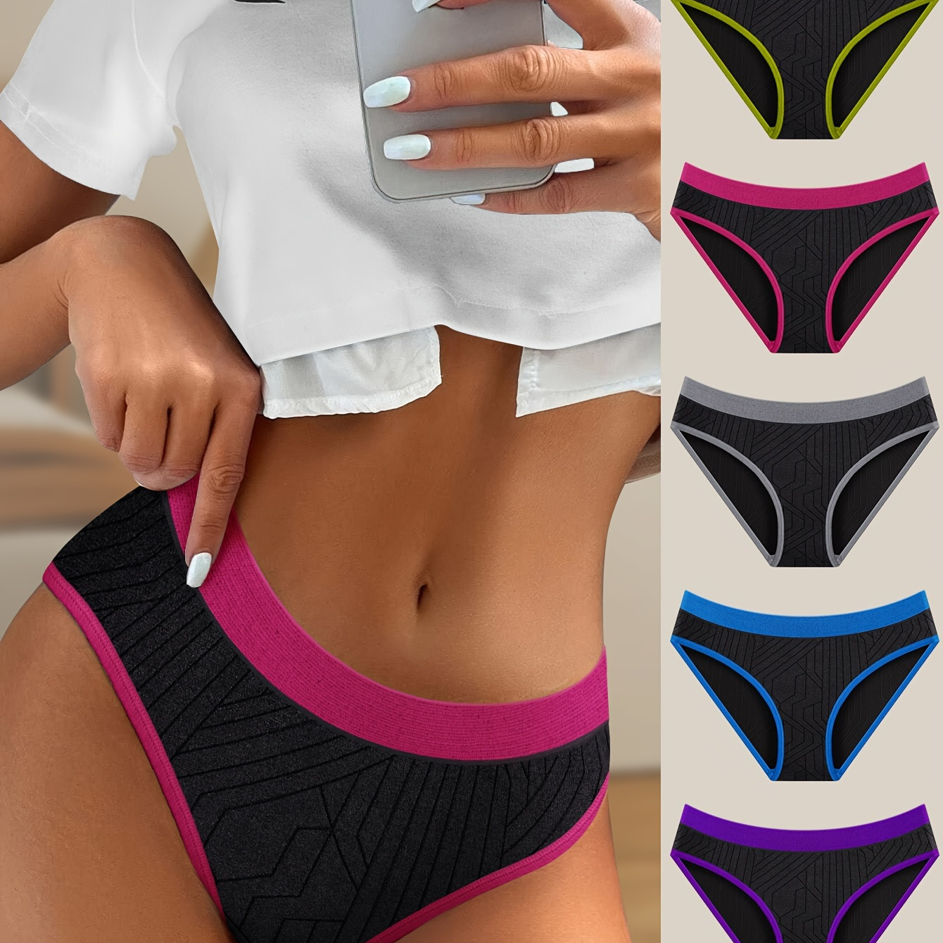 5pcs Contrast Color Panties, Breathable & Comfy Seamless Intimates Panties, Women's Lingerie & Underwear
5pcs Contrast Color Panties, Breathable & Comfy Seamless Intimates Panties, Women's Lingerie & Underwear