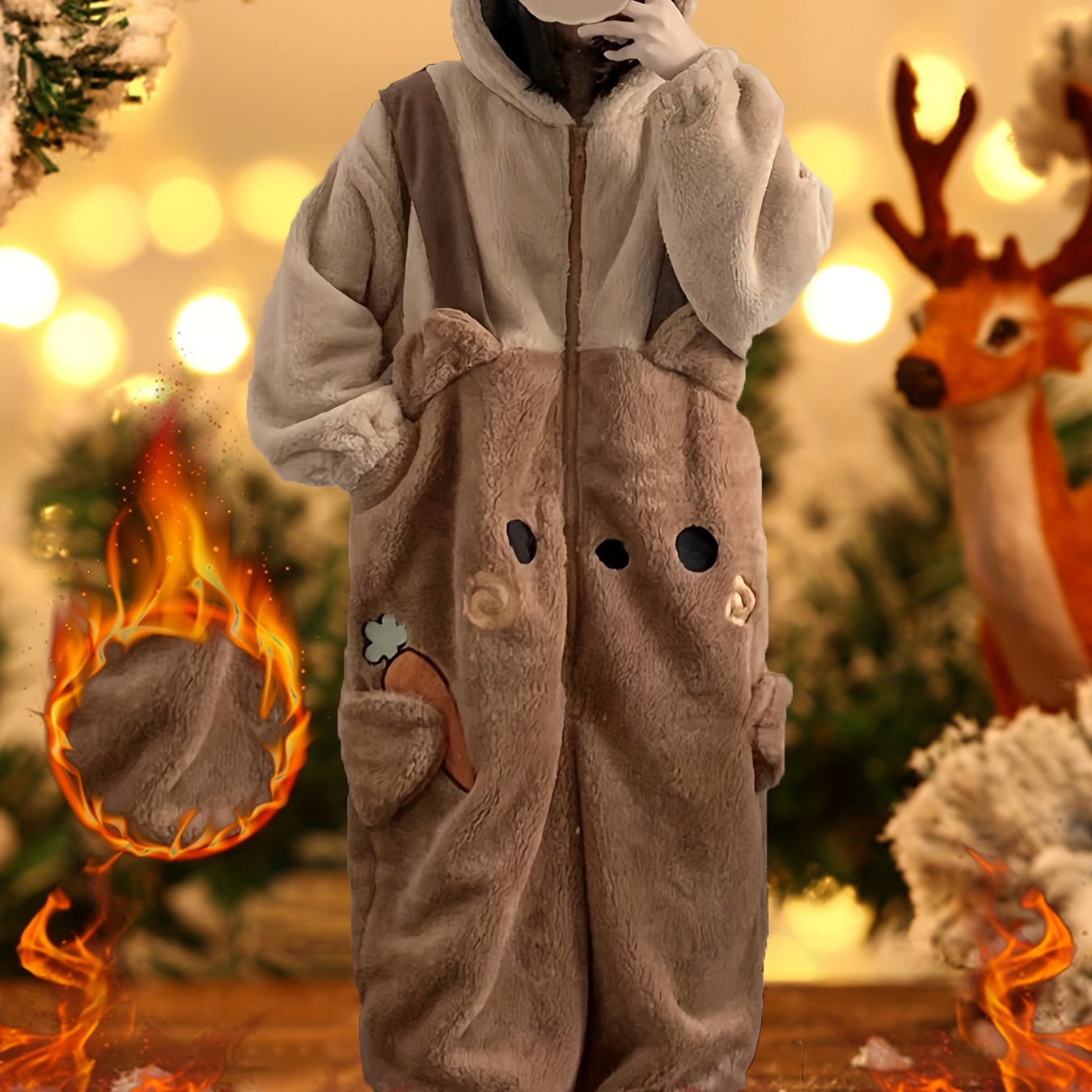 Cute Bear Fleece Thickened Night Jumpsuit For Fall & Winter, Long Sleeve Hooded Zipper Loose Fit Jumpsuit With Pockets, Women's Sleepwear
Cute Bear Fleece Thickened Night Jumpsuit For Fall & Winter, Long Sleeve Hooded Zipper Loose Fit Jumpsuit With Pockets, Women's Sleepwear