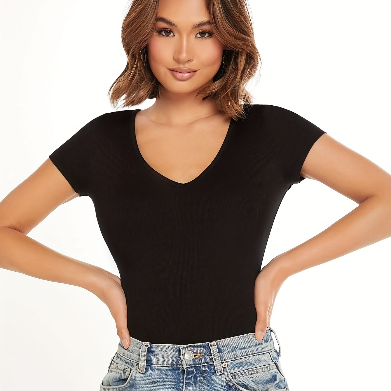 Solid Color V Neck T-shirt, Casual Short Sleeve Slim Fit Top For Spring & Summer, Women's Clothing
Solid Color V Neck T-shirt, Casual Short Sleeve Slim Fit Top For Spring & Summer, Women's Clothing