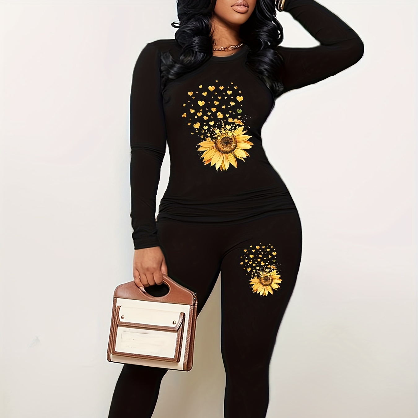 Sunflower Print Matching Two-piece Set, Casual Long Sleeve T-shirt & Skinny Leggings Outfits, Women's Clothing
Sunflower Print Matching Two-piece Set, Casual Long Sleeve T-shirt & Skinny Leggings Outfits, Women's Clothing