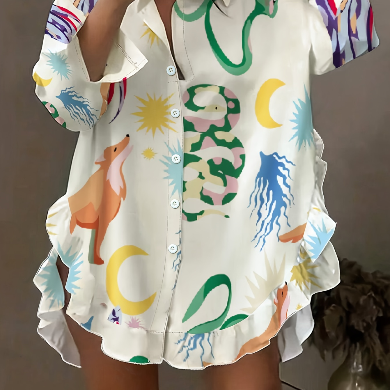 Cute Animals Print Single Breasted Blouse, Casual Ruffle Trim Loose Blouse For Spring & Fall, Women's Clothing
Cute Animals Print Single Breasted Blouse, Casual Ruffle Trim Loose Blouse For Spring & Fall, Women's Clothing