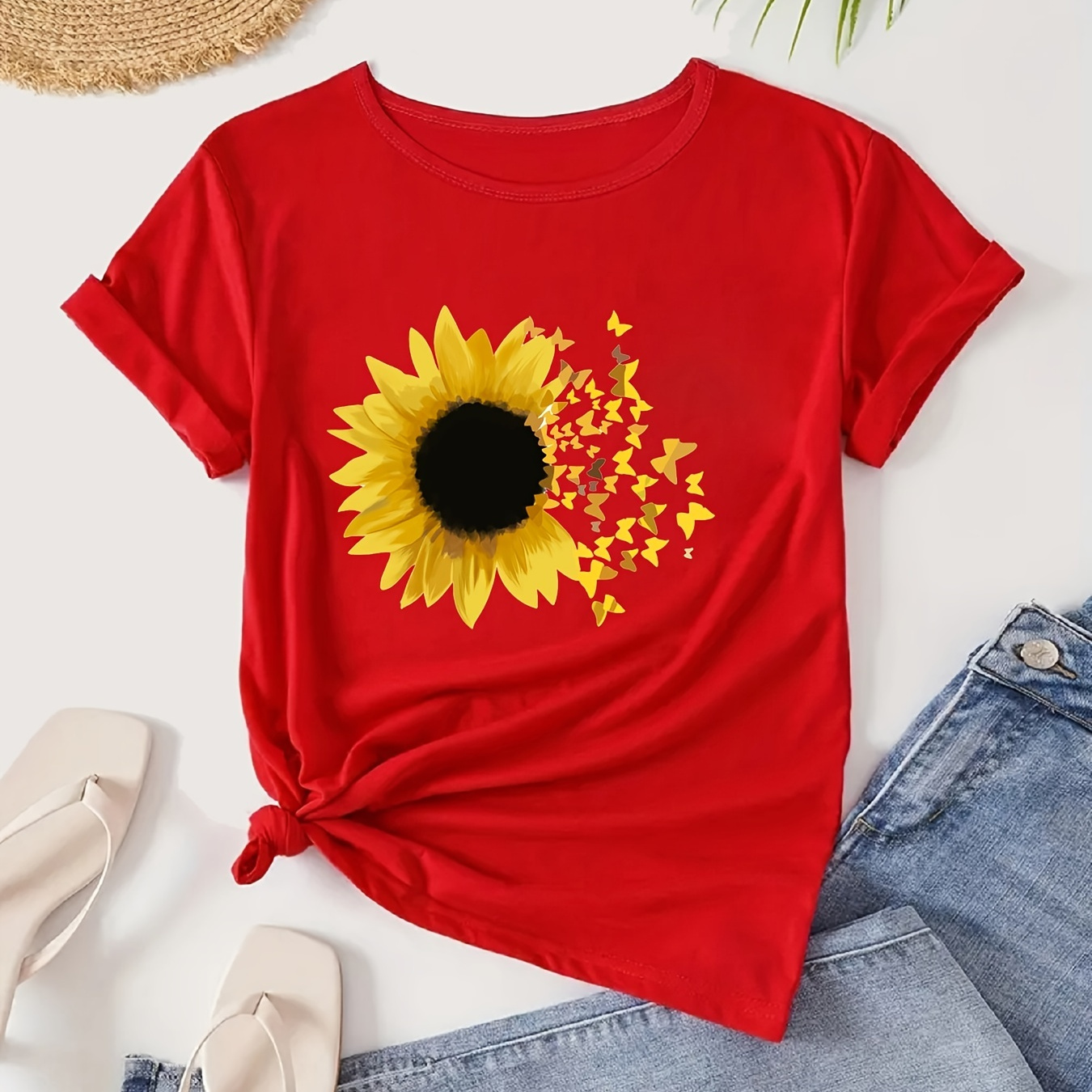 Fashion Sunflower Graphic Sports Short Sleeve T-shirts, Butterfly Print Casual Sports Tops For Running, Women's Summer Tops
Fashion Sunflower Graphic Sports Short Sleeve T-shirts, Butterfly Print Casual Sports Tops For Running, Women's Summer Tops