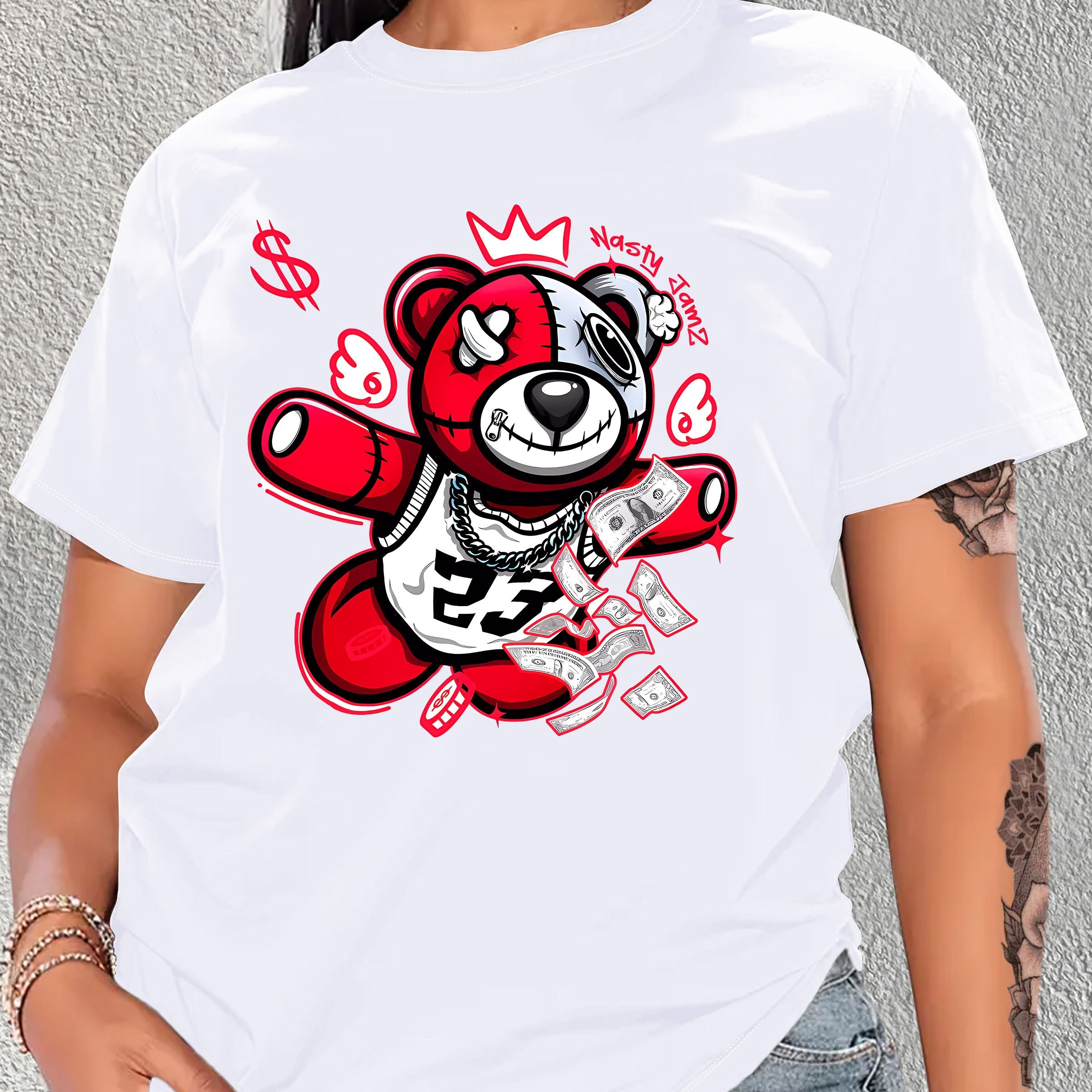 Bear Printed Casual Short Sleeves Sports Tops, Round Neck Workout T-shirt, Women's Activewear
Bear Printed Casual Short Sleeves Sports Tops, Round Neck Workout T-shirt, Women's Activewear