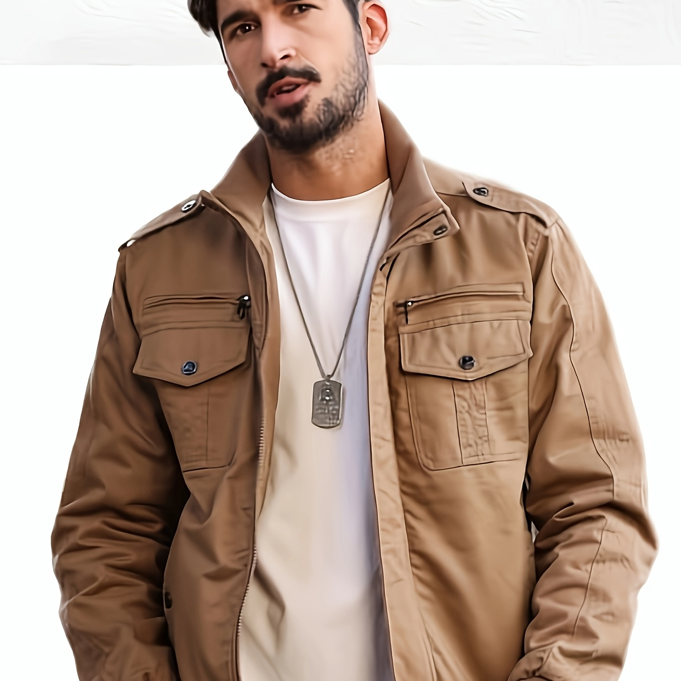 Men's Military Style Casual Jacket, Stand Collar, Polyester 100%, Solid Color, Non-stretch Fabric, Regular Fit, Zipper Closure, Woven, Fall/winter Outerwear With Pockets And ,
Men's Military Style Casual Jacket, Stand Collar, Polyester 100%, Solid Color, Non-stretch Fabric, Regular Fit, Zipper Closure, Woven, Fall/winter Outerwear With Pockets And ,