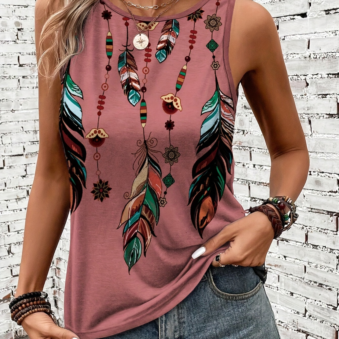 Feather Print Tank Top, Casual Crew Neck Sleeveless Loose Tank Top For Spring & Summer, Women's Clothing
Feather Print Tank Top, Casual Crew Neck Sleeveless Loose Tank Top For Spring & Summer, Women's Clothing