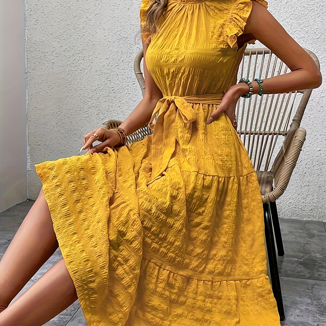 Textured Frill Neck Dress, Elegant Ruffle Sleeve Belted A-line Dress For Spring & Summer, Women's Clothing
Textured Frill Neck Dress, Elegant Ruffle Sleeve Belted A-line Dress For Spring & Summer, Women's Clothing