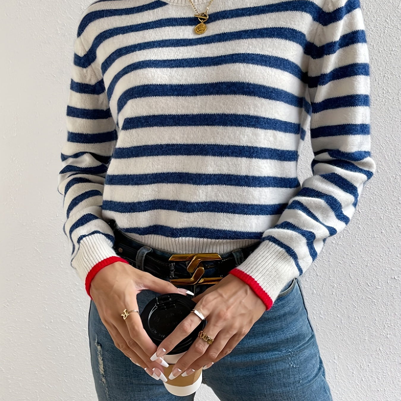 Striped Trim Crew Neck Pullover Sweater, Casual Long Sleeve Knitted Sweater For Fall & Winter, Women's Clothing
Striped Trim Crew Neck Pullover Sweater, Casual Long Sleeve Knitted Sweater For Fall & Winter, Women's Clothing