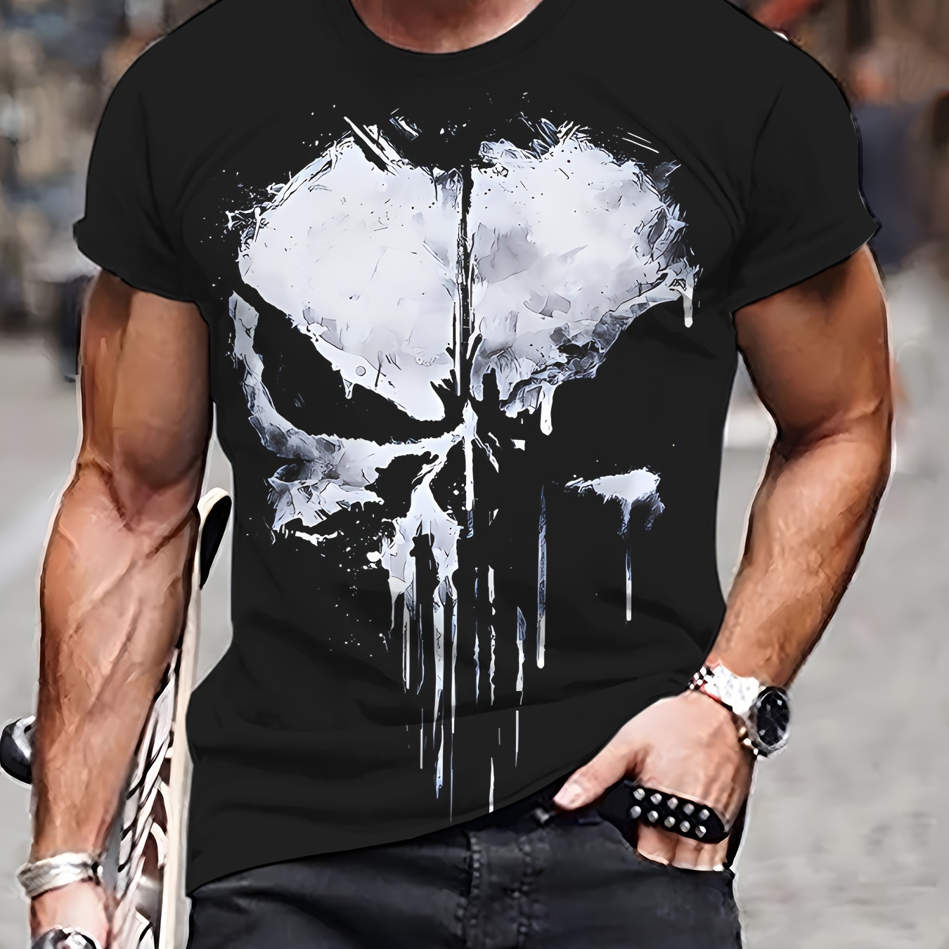 Men's Novelty 3d Skull Print T-shirt, Casual Crew Neck Short Sleeve Tee, 100% Polyester Knit Fabric With Slight Stretch
Men's Novelty 3d Skull Print T-shirt, Casual Crew Neck Short Sleeve Tee, 100% Polyester Knit Fabric With Slight Stretch