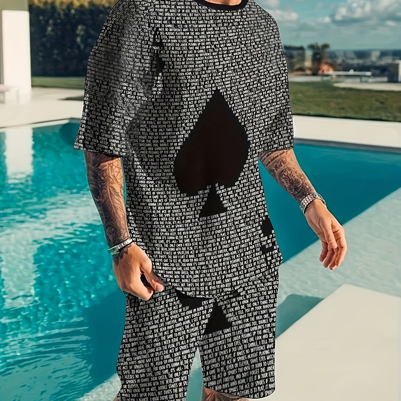 Mens 2 Piece Outfits, Spade Pattern, Comfy T-shirt And Casual Shorts Set For Summer, Men's Clothing
Mens 2 Piece Outfits, Spade Pattern, Comfy T-shirt And Casual Shorts Set For Summer, Men's Clothing