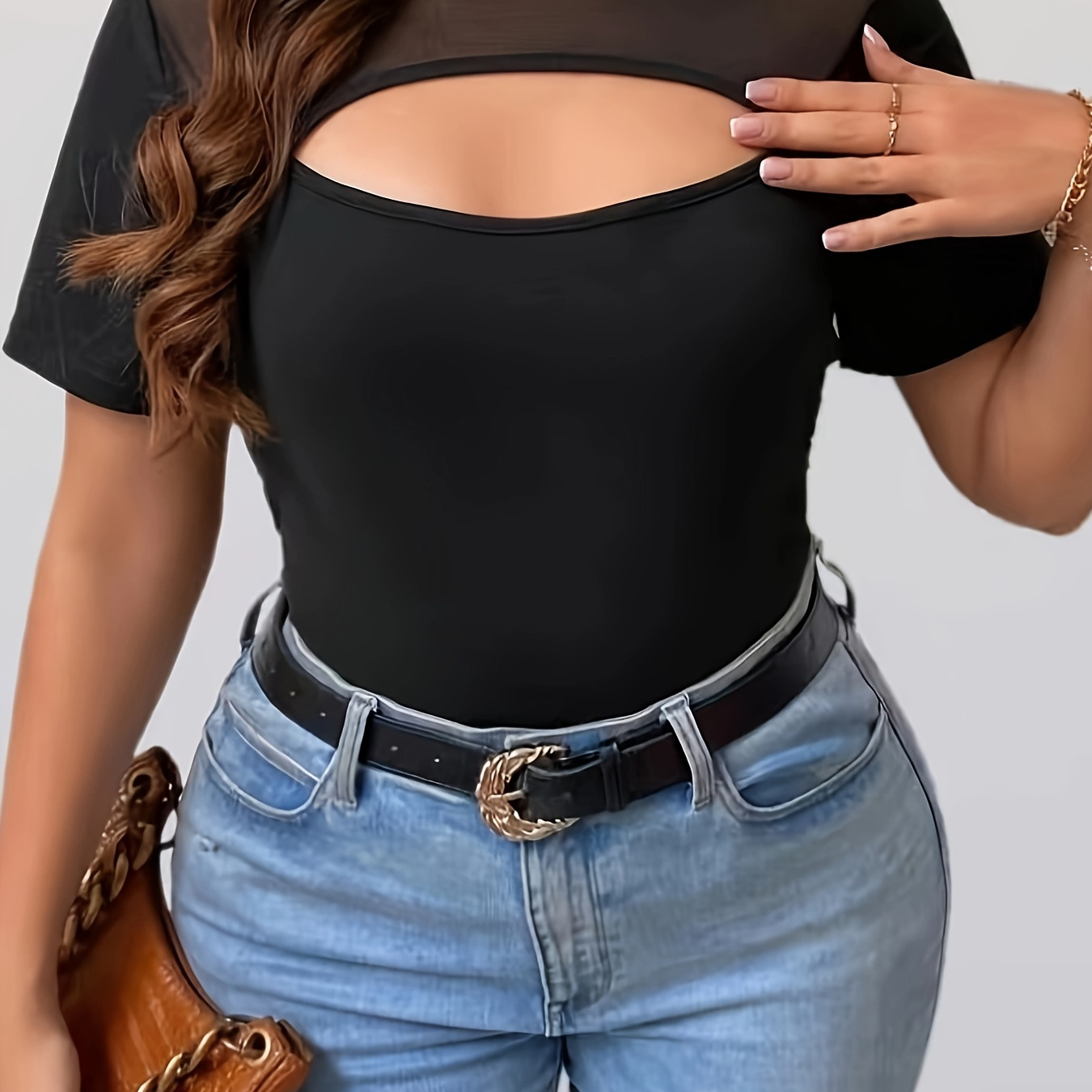 Plus Size Mesh Stitching T-shirt, Casual Cut Out Crew Neck Short Sleeve T-shirt, Women's Plus Size clothing
Plus Size Mesh Stitching T-shirt, Casual Cut Out Crew Neck Short Sleeve T-shirt, Women's Plus Size clothing