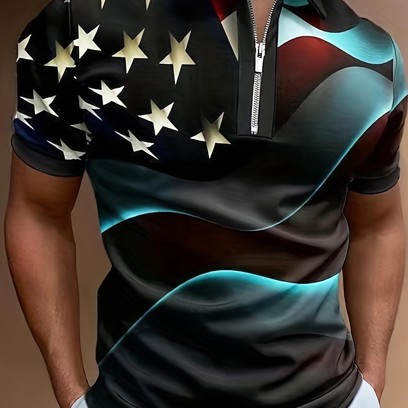 Star And Geometric Print Men's Trendy Short Sleeve Zipper Lapel Shirt, Summer Outdoor Sports
Star And Geometric Print Men's Trendy Short Sleeve Zipper Lapel Shirt, Summer Outdoor Sports