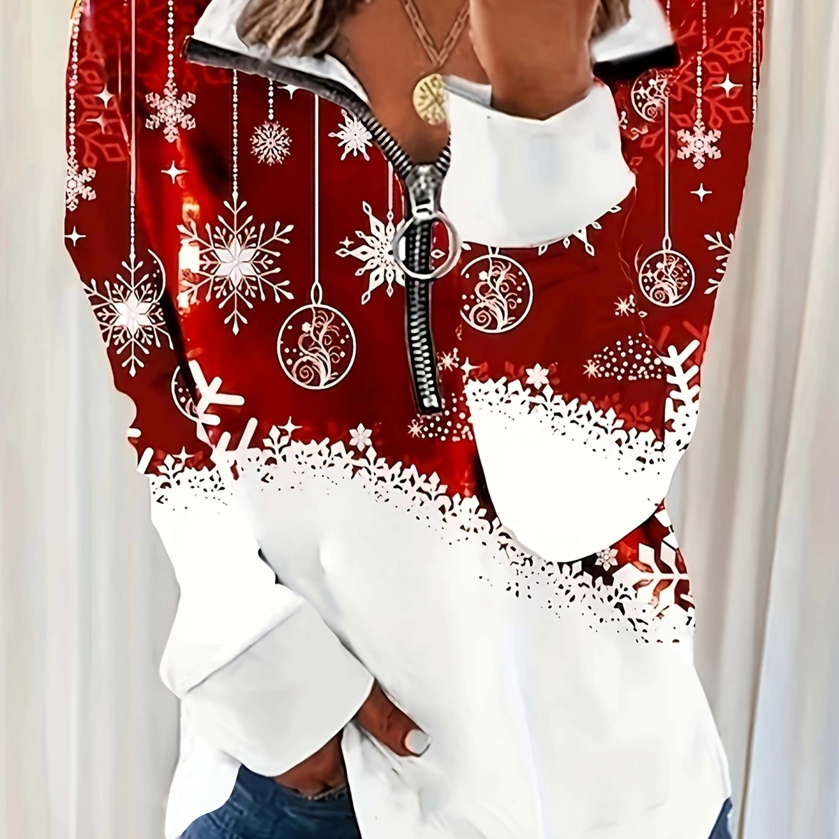Plus Size Christmas Casual Top, Women's Plus Colorblock Graphic Print Long Sleeve Zipper V Neck Slight Stretch Top
Plus Size Christmas Casual Top, Women's Plus Colorblock Graphic Print Long Sleeve Zipper V Neck Slight Stretch Top