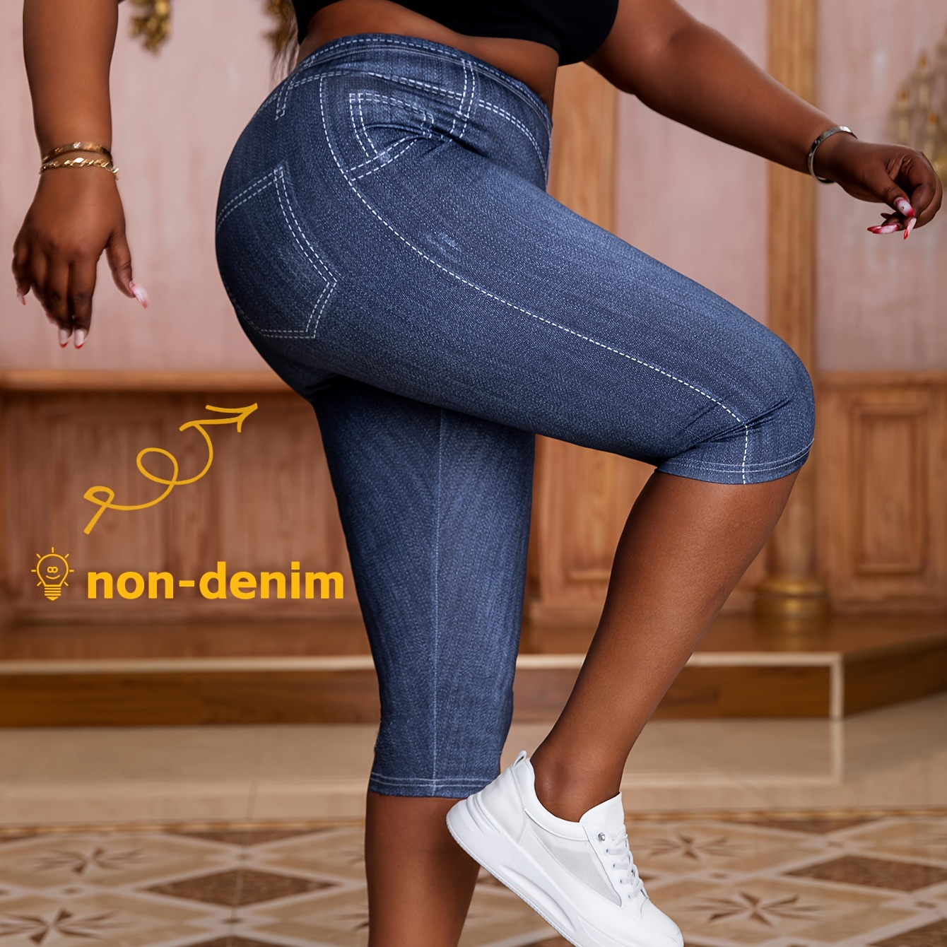 Plus Size Faux Denim Print Skinny Capris Leggings, Casual Crop Leggings For Spring & Summer, Women's Plus Size Clothing
Plus Size Faux Denim Print Skinny Capris Leggings, Casual Crop Leggings For Spring & Summer, Women's Plus Size Clothing
