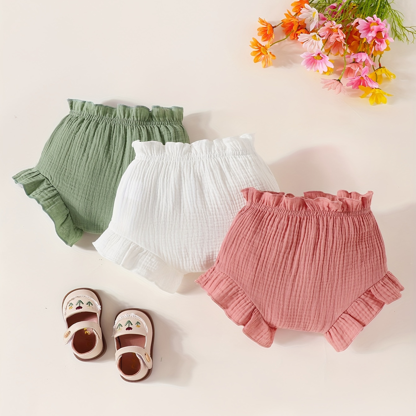 3pcs Infant & Toddler's Ruffle Trim Shorts, Comfy Cotton Muslin Solid Color Bottoms, Baby Girl's Clothing
3pcs Infant & Toddler's Ruffle Trim Shorts, Comfy Cotton Muslin Solid Color Bottoms, Baby Girl's Clothing