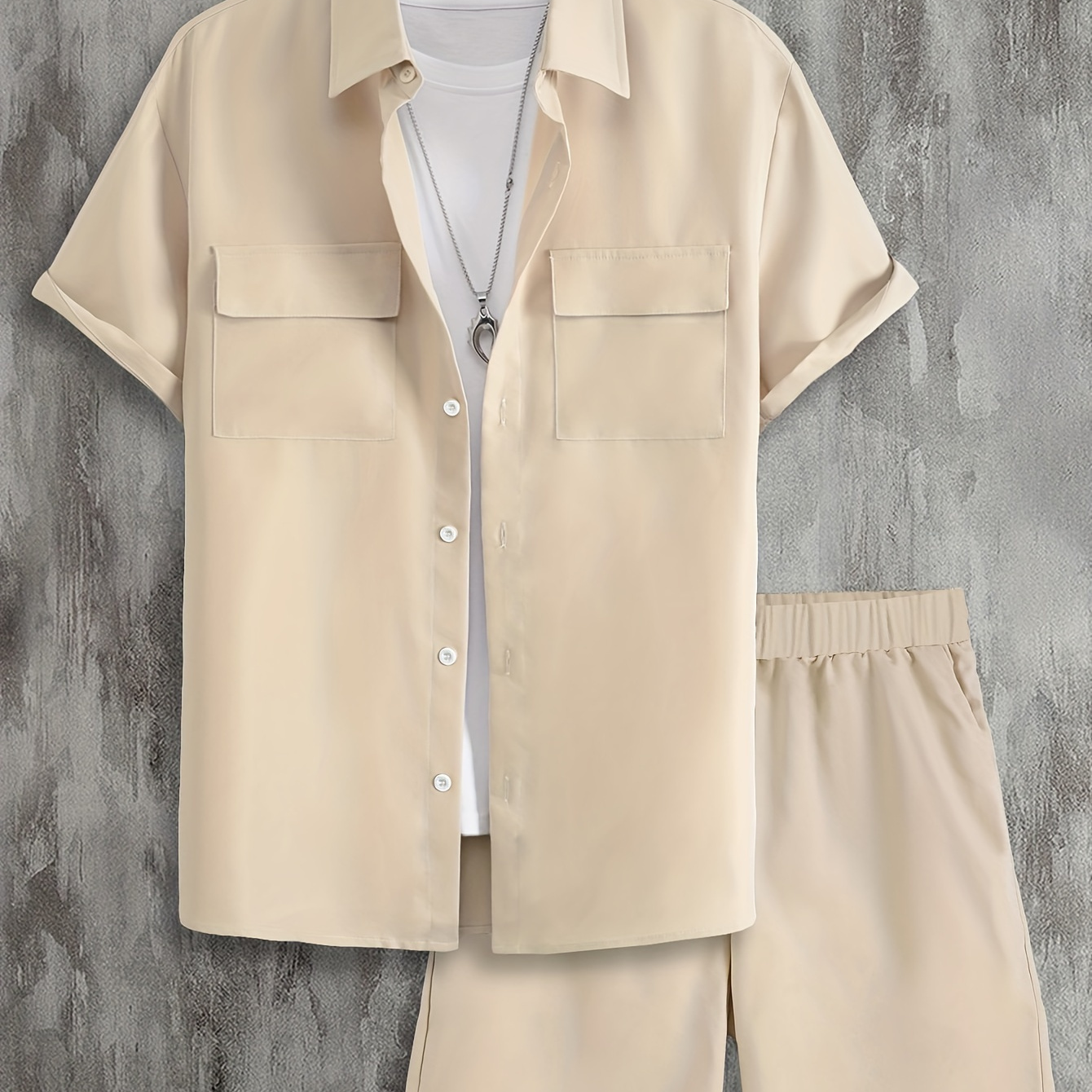Men's Outfit, Casual Solid Lapel Short Sleeve Button Up Shirt With Chest Pockets & Shorts 2-piece Set For Summer Outdoor Activities
Men's Outfit, Casual Solid Lapel Short Sleeve Button Up Shirt With Chest Pockets & Shorts 2-piece Set For Summer Outdoor Activities