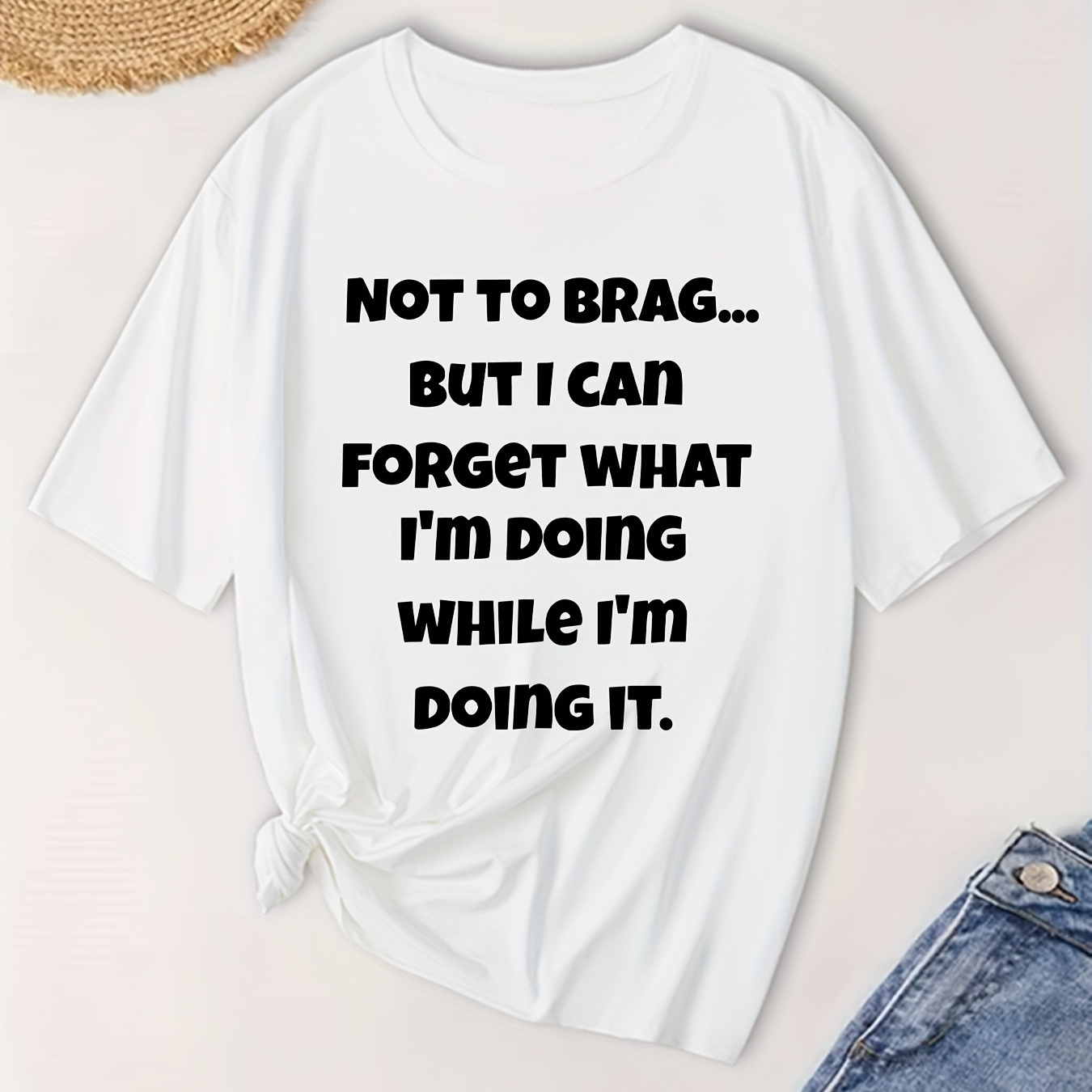 Plus Size Not To Brag Print T-shirt, Casual Crew Neck Short Sleeve Top For Spring & Summer, Women's Plus Size Clothing
Plus Size Not To Brag Print T-shirt, Casual Crew Neck Short Sleeve Top For Spring & Summer, Women's Plus Size Clothing