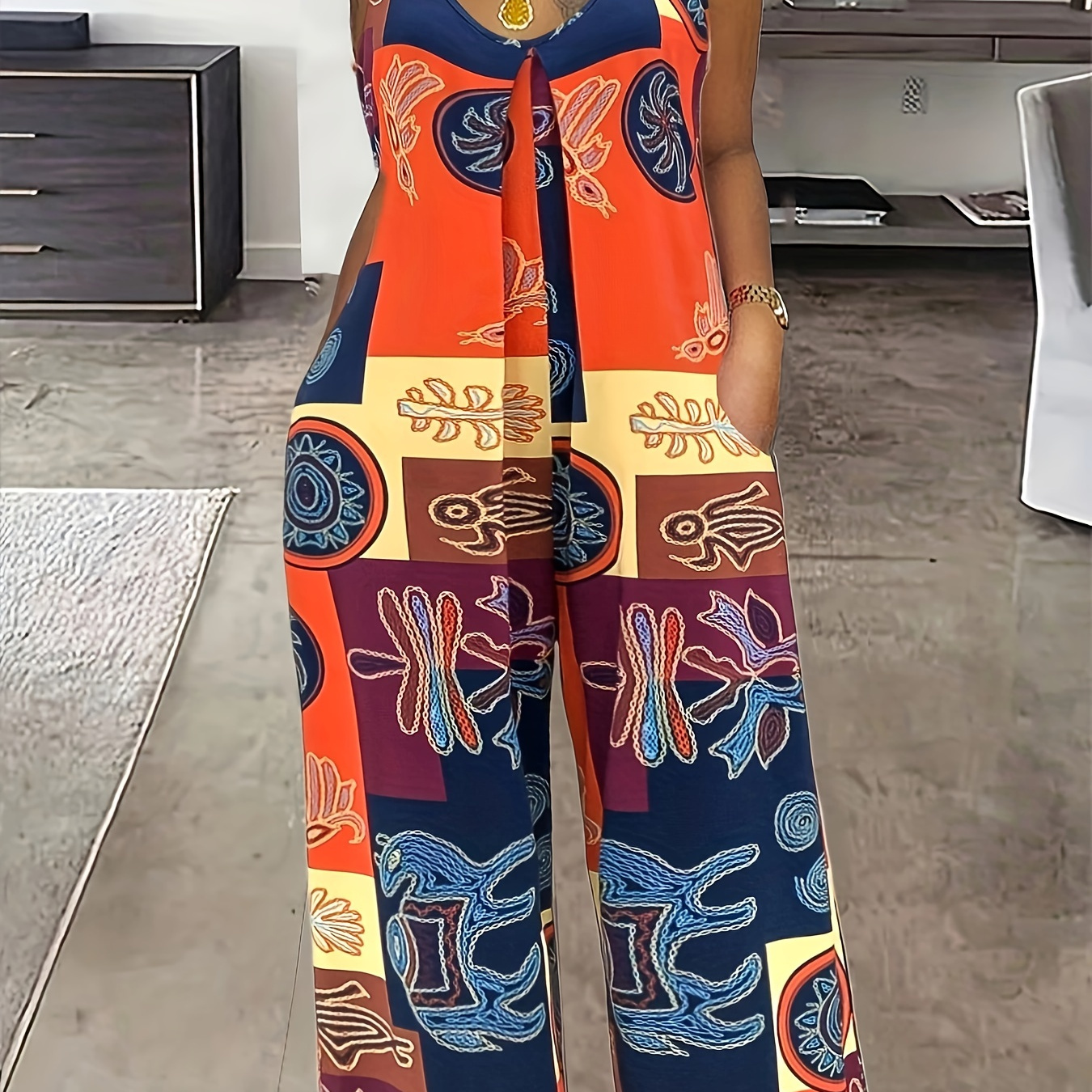 Plus Size Geometric Print Tank Jumpsuit, Casual Sleeveless Pocket Jumpsuit, Women's Plus Size clothing
Plus Size Geometric Print Tank Jumpsuit, Casual Sleeveless Pocket Jumpsuit, Women's Plus Size clothing