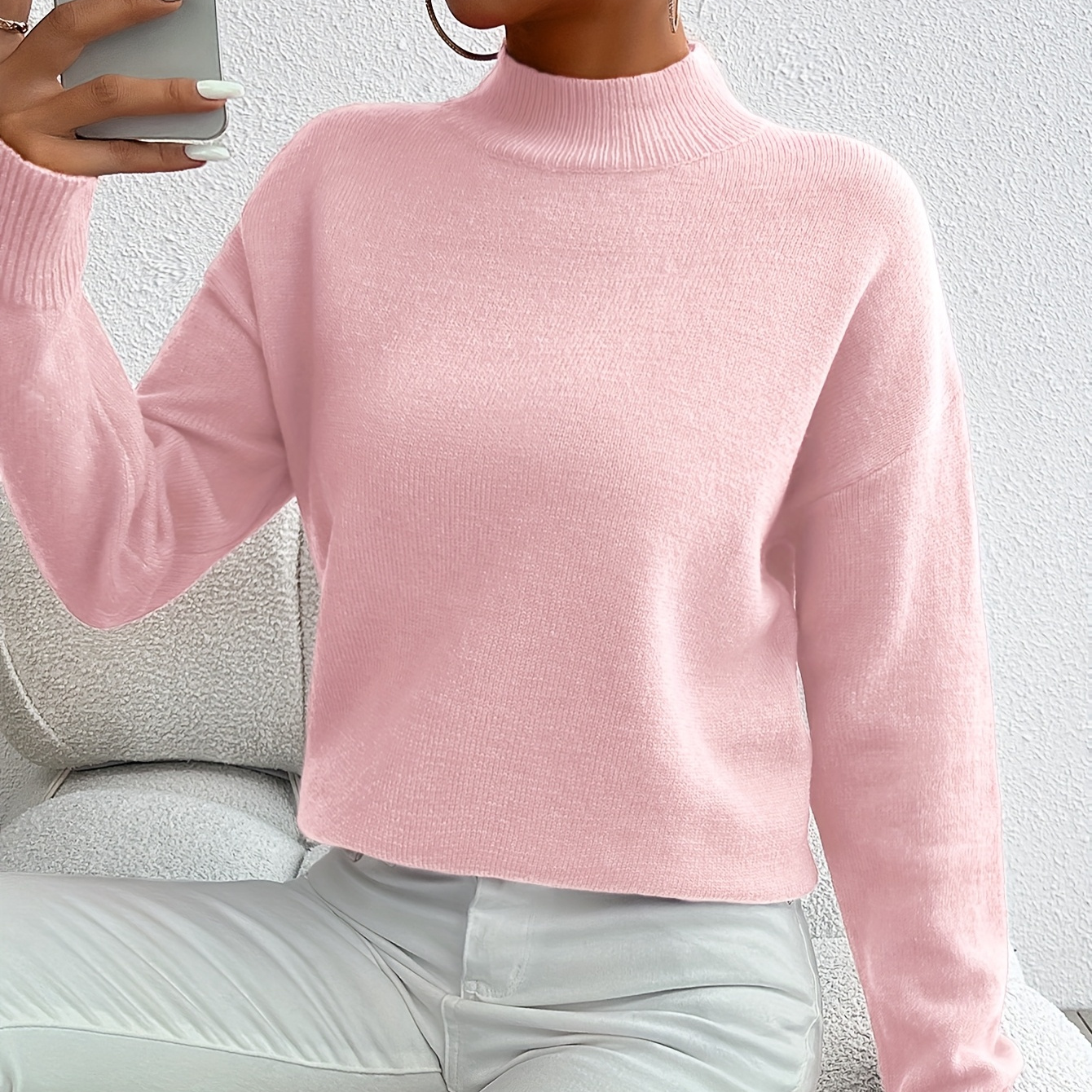Elegant French-inspired Mock Neck Drop Shoulder Sweater For Women - Soft Acrylic, Long Sleeve, Fall/winter
Elegant French-inspired Mock Neck Drop Shoulder Sweater For Women - Soft Acrylic, Long Sleeve, Fall/winter