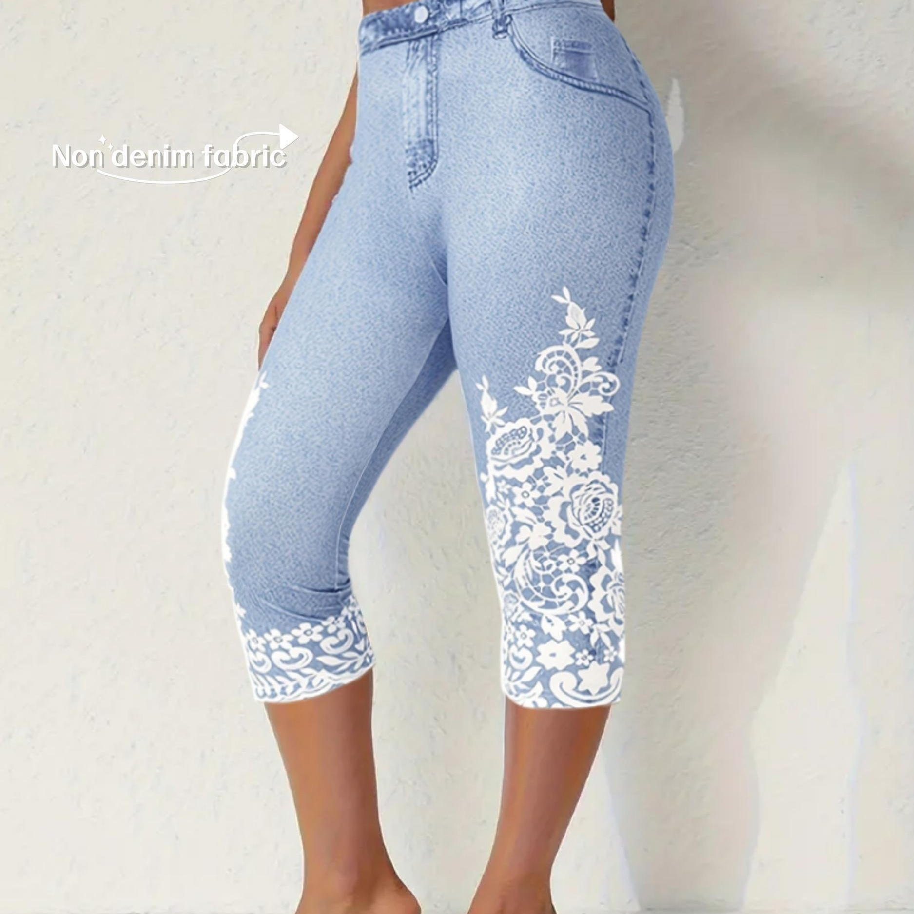 

Plus Size Casual Leggings, Women's Plus Denim & Floral Print Stretchy Skinny Capri Leggings