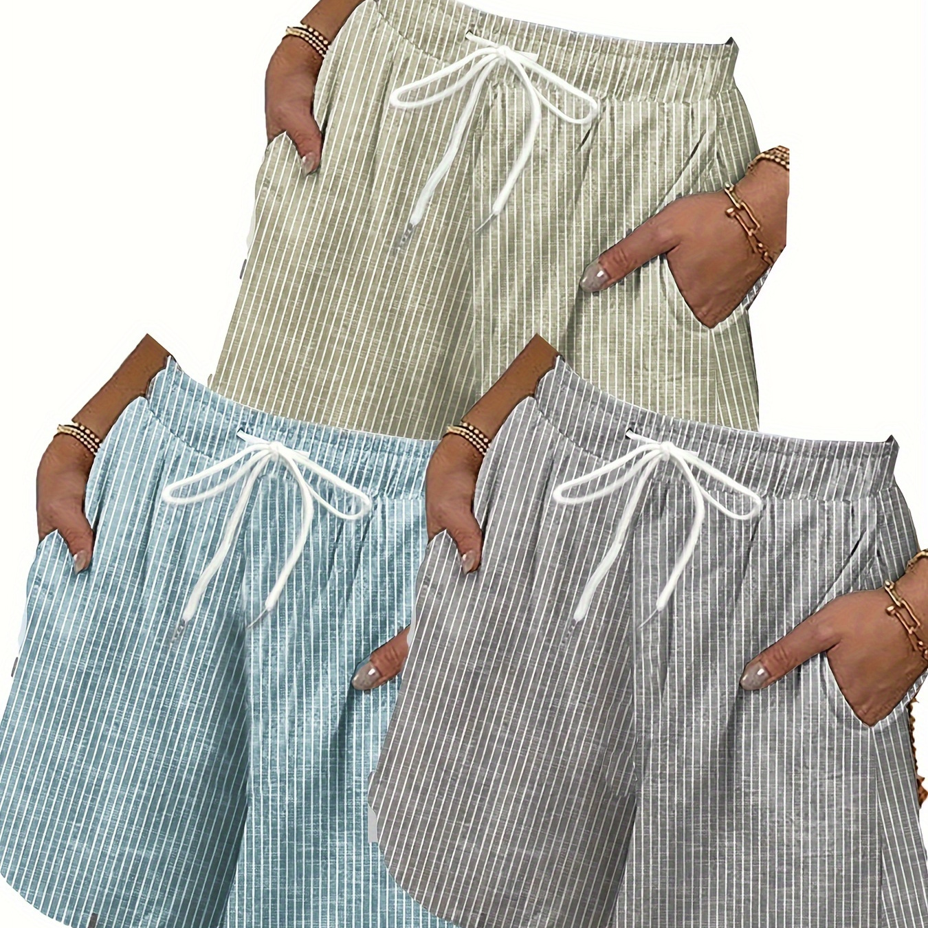 Plus Size Striped Drawstring Shorts 3 Packs, Casual Pocket Shorts For Spring & Summer, Women's Plus Size Clothing
Plus Size Striped Drawstring Shorts 3 Packs, Casual Pocket Shorts For Spring & Summer, Women's Plus Size Clothing