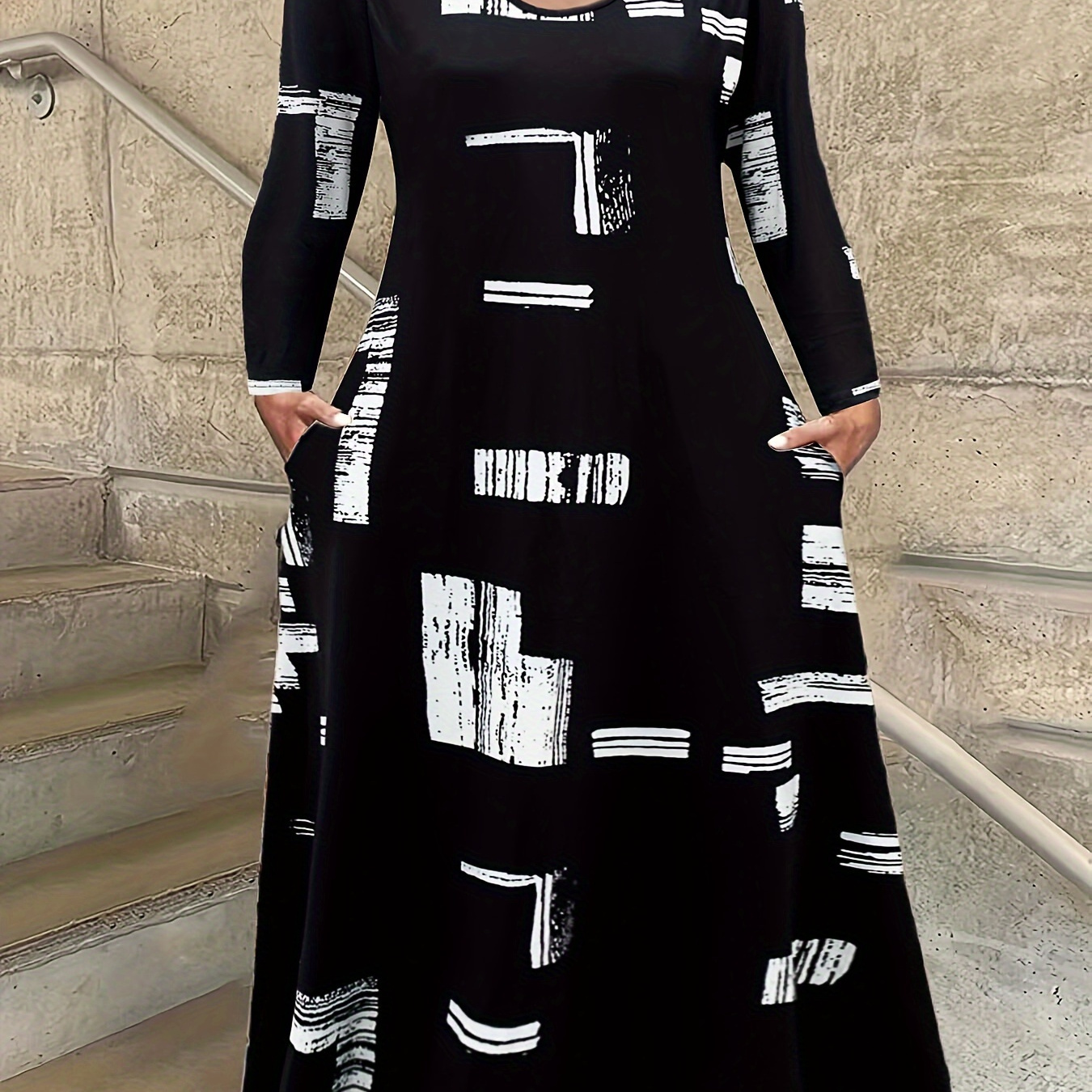 Women's Plus Size Elegant Long Sleeve Crew Neck Dress With Pockets, Polyester Knit Fabric With Elastane, Slight Stretch, , Patchwork Pattern Print
Women's Plus Size Elegant Long Sleeve Crew Neck Dress With Pockets, Polyester Knit Fabric With Elastane, Slight Stretch, , Patchwork Pattern Print
