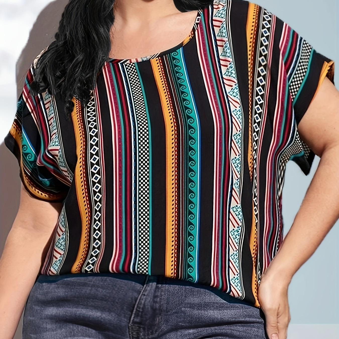 Plus Size Striped Print Top, Casual Short Sleeve Crew Neck Top, Women's Plus Size clothing
Plus Size Striped Print Top, Casual Short Sleeve Crew Neck Top, Women's Plus Size clothing
