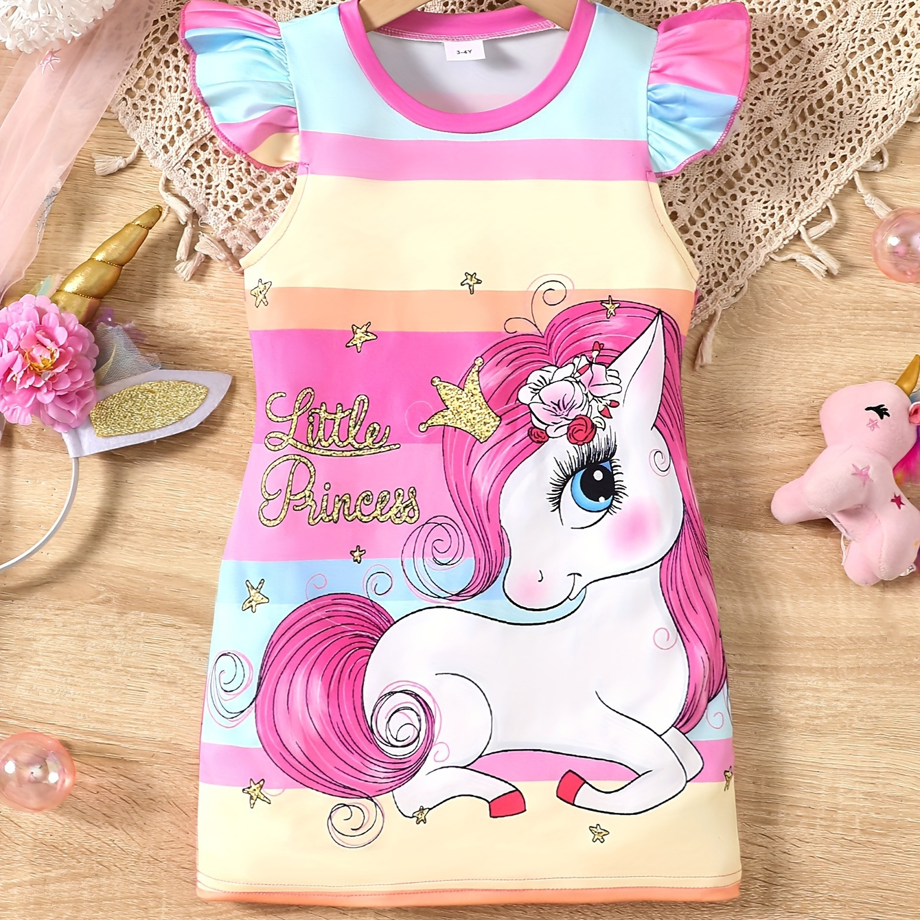 Baby's Cartoon Pattern Casual Dress, Rainbow Color Stripe Pattern Cap Sleeve Dress, Infant & Toddler Girl's Clothing For Summer/spring
Baby's Cartoon Pattern Casual Dress, Rainbow Color Stripe Pattern Cap Sleeve Dress, Infant & Toddler Girl's Clothing For Summer/spring