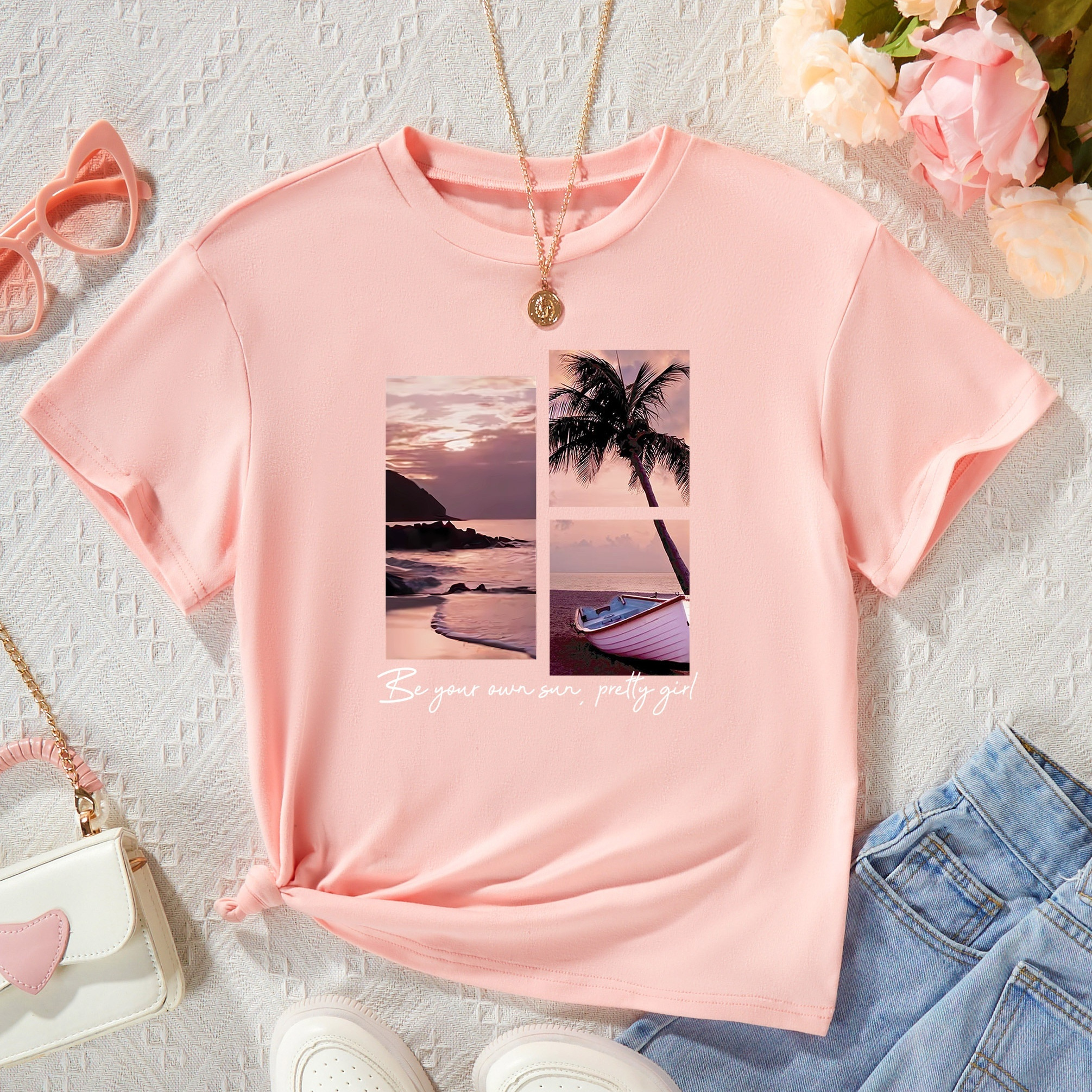 Beautiful Sunset Beach View Graphic Print, Girls' Casual & Comfy Crew Neck Short Sleeve T-shirt For Spring & Summer, Girls' Clothes For Outdoor Activities
Beautiful Sunset Beach View Graphic Print, Girls' Casual & Comfy Crew Neck Short Sleeve T-shirt For Spring & Summer, Girls' Clothes For Outdoor Activities