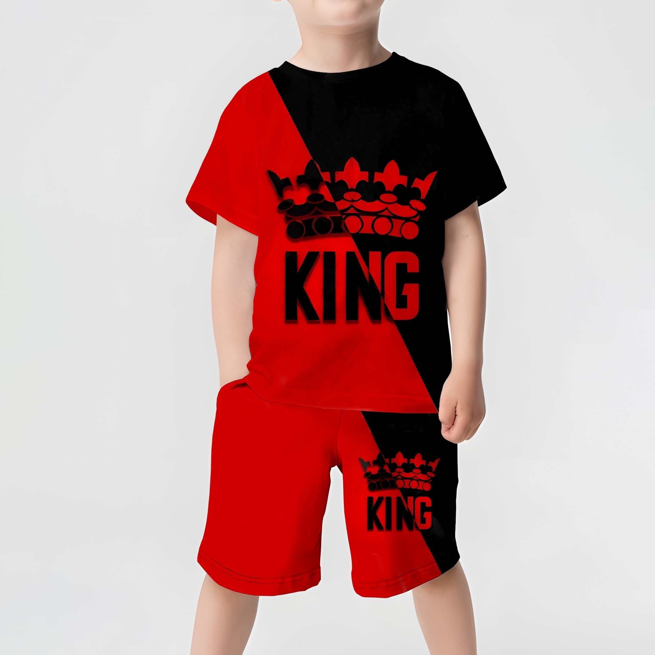 Boys 2-piece Outfit Set, 3d Crown Print, Red And Black Color Block, Casual Short Sleeve T-shirt And Shorts Set For Kids
Boys 2-piece Outfit Set, 3d Crown Print, Red And Black Color Block, Casual Short Sleeve T-shirt And Shorts Set For Kids