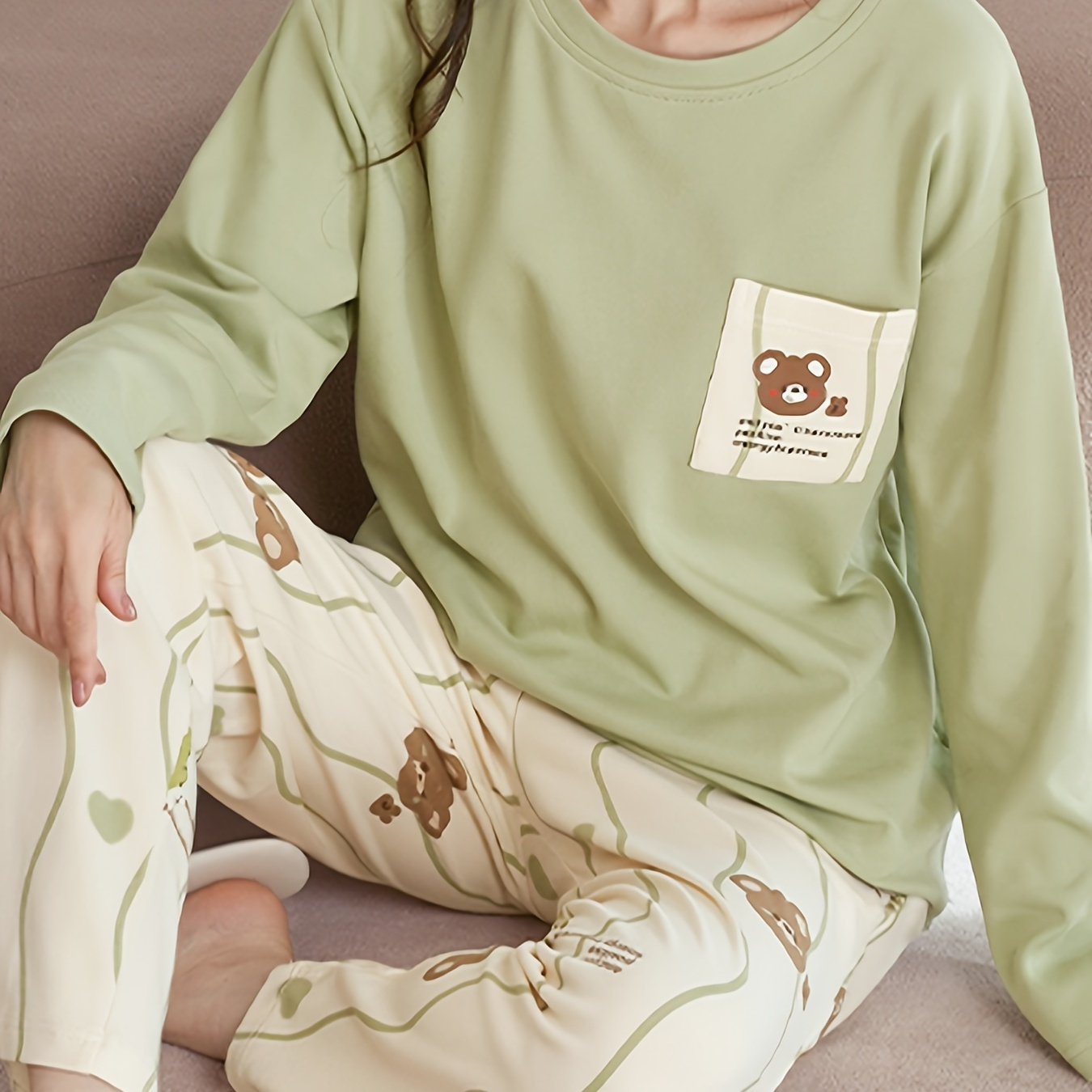 Women's Cute Cartoon Bear Print Pajama Set 100% Cotton Long Sleeve Crew Neck Top With Long Pants Casual Home Loungewear For Fall/winter - Knit Fabric Pullover Sleepwear With Pocket
Women's Cute Cartoon Bear Print Pajama Set 100% Cotton Long Sleeve Crew Neck Top With Long Pants Casual Home Loungewear For Fall/winter - Knit Fabric Pullover Sleepwear With Pocket