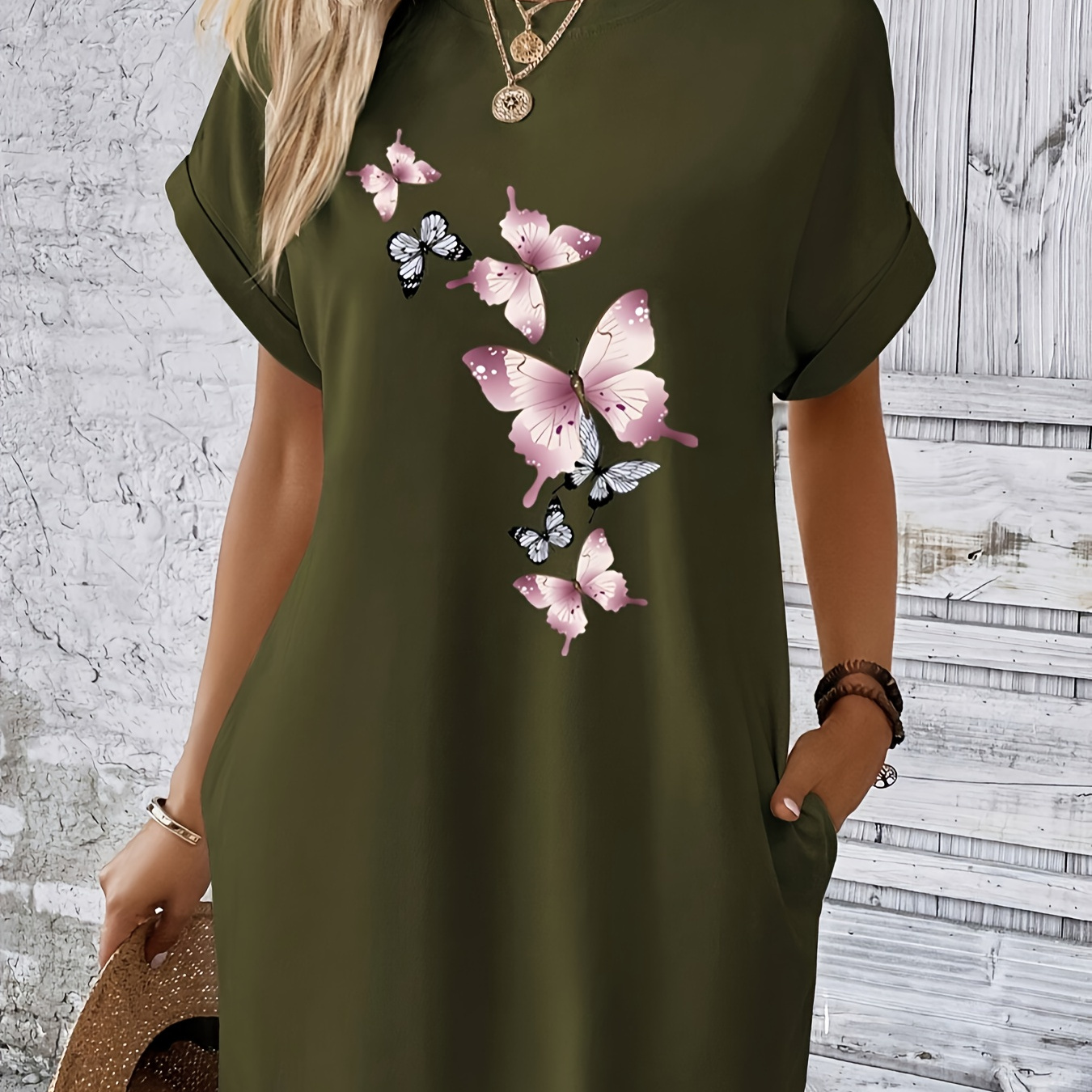 Butterfly Print With Pocket Dress, Casual Crew Neck Short Sleeve Dress For Spring & Summer, Women's Clothing
Butterfly Print With Pocket Dress, Casual Crew Neck Short Sleeve Dress For Spring & Summer, Women's Clothing