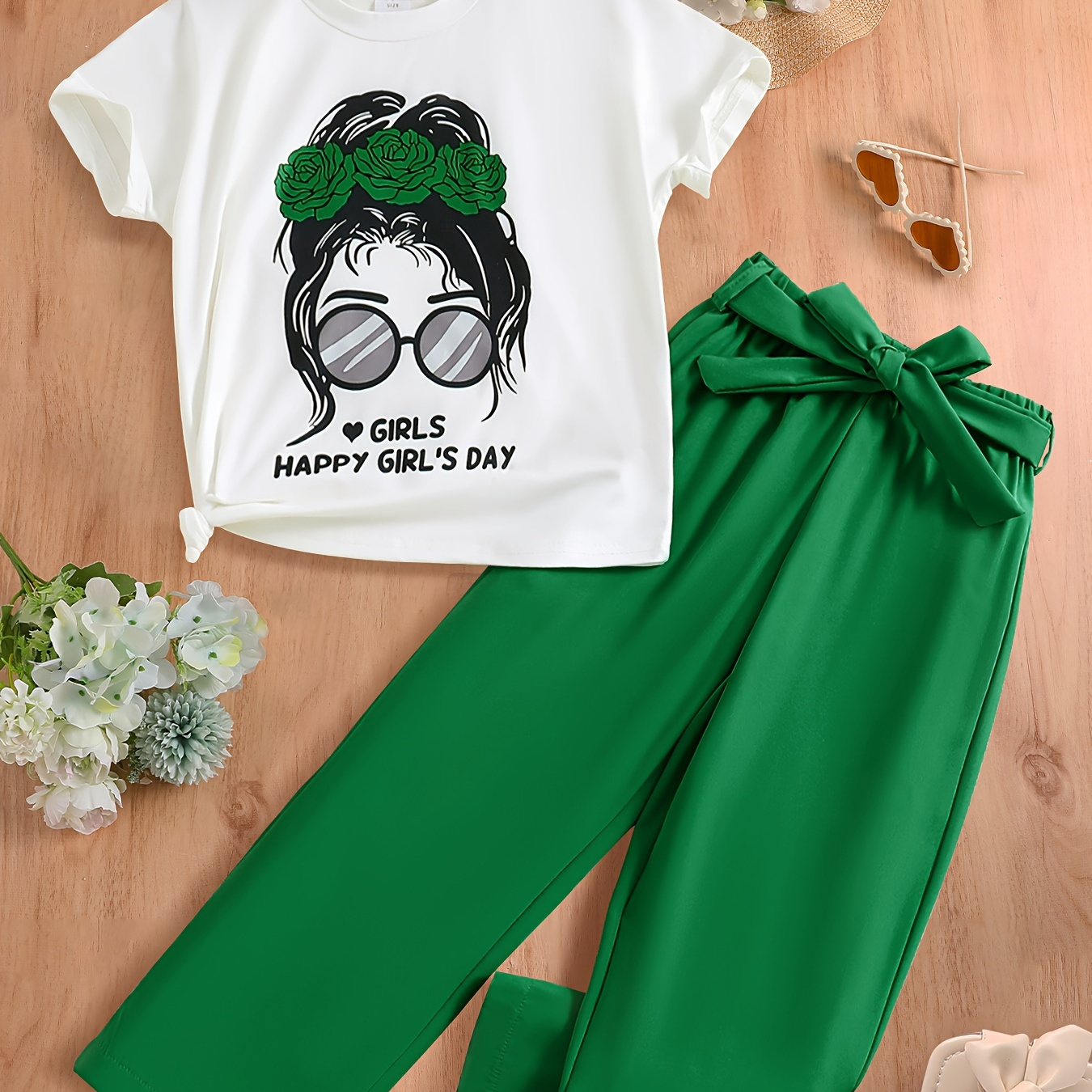 2pcs, Portrait Graphic Short Sleeve Crew Neck T-shirt + Solid Color Pants With Belt Set For Girls, Versatile And Trendy Summer Gift
2pcs, Portrait Graphic Short Sleeve Crew Neck T-shirt + Solid Color Pants With Belt Set For Girls, Versatile And Trendy Summer Gift