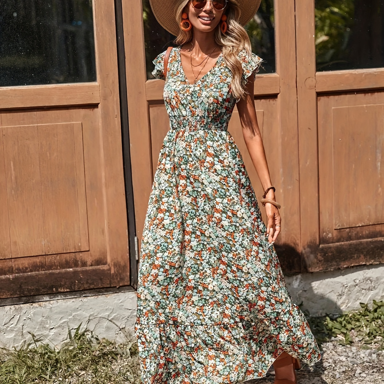 Floral Print V Neck Dress, Vacation Style Ruffle Sleeve Maxi Flowy Dress For Spring & Summer, Women's Clothing
Floral Print V Neck Dress, Vacation Style Ruffle Sleeve Maxi Flowy Dress For Spring & Summer, Women's Clothing