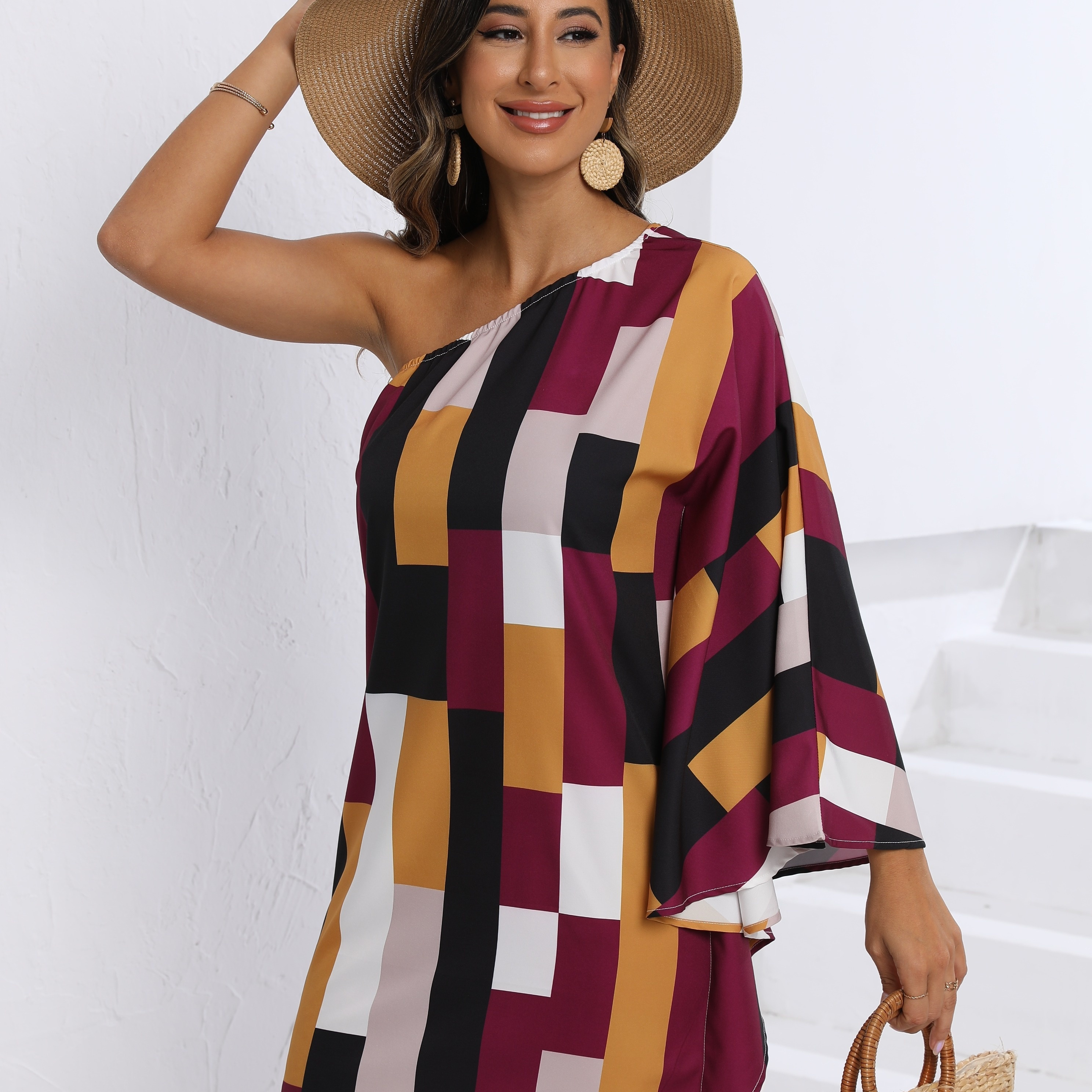 Color Block 1 Shoulder Dress, Boho Batwing Sleeve Random Print Dress For Spring & Summer, Women's Clothing
Color Block 1 Shoulder Dress, Boho Batwing Sleeve Random Print Dress For Spring & Summer, Women's Clothing