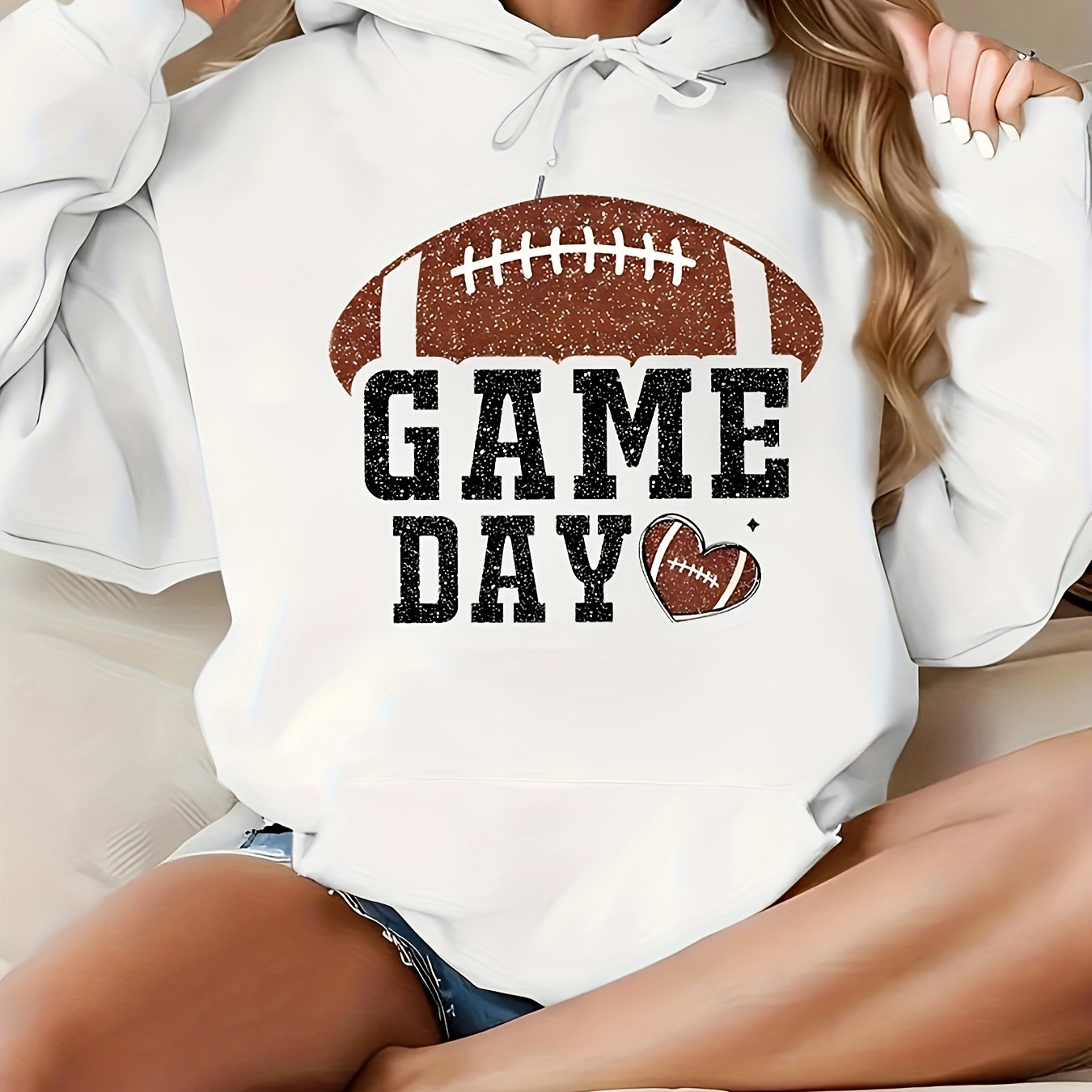 Women's Fashion Hoodie With Geometric Football Print, Casual Pullover Sweatshirt With Drawstring, Polyester, Knit Fabric, Pocket Detail, For Fall/winter
Women's Fashion Hoodie With Geometric Football Print, Casual Pullover Sweatshirt With Drawstring, Polyester, Knit Fabric, Pocket Detail, For Fall/winter