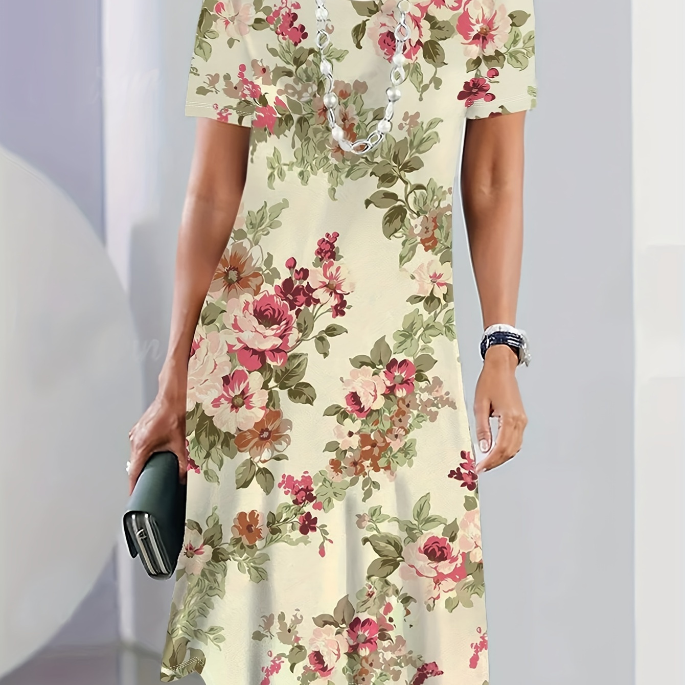 Floral Print Crew Neck Dress, Elegant Short Sleeve Dress For Spring & Summer, Women's Clothing
Floral Print Crew Neck Dress, Elegant Short Sleeve Dress For Spring & Summer, Women's Clothing
