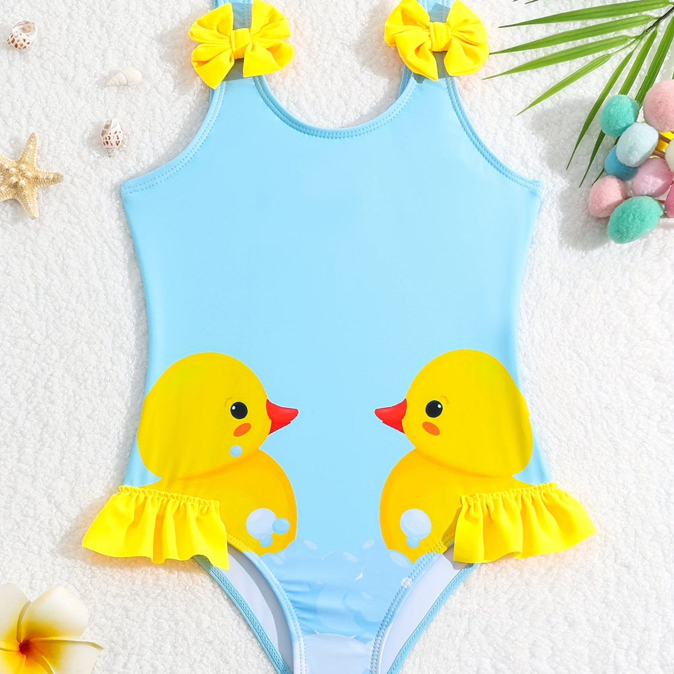 Baby's Cartoon Duck Pattern One-piece Swimsuit, Quick-drying Ruffle Trim Sleeveless Bathing Suit, Toddler Girl's Swimwear For Summer Beach Holiday
Baby's Cartoon Duck Pattern One-piece Swimsuit, Quick-drying Ruffle Trim Sleeveless Bathing Suit, Toddler Girl's Swimwear For Summer Beach Holiday
