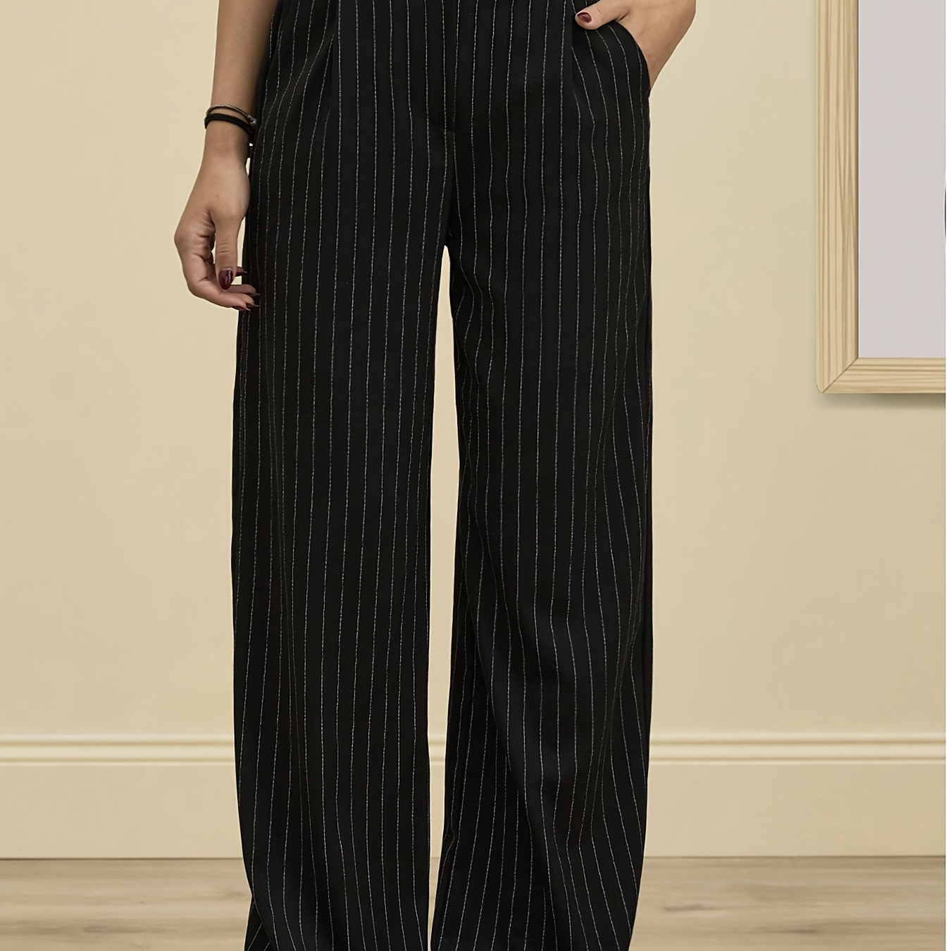 1pc Elegant Women's Striped Pleated Straight Leg Pants, 100% Polyester Woven Fabric, Button Detail, Adult Fit
1pc Elegant Women's Striped Pleated Straight Leg Pants, 100% Polyester Woven Fabric, Button Detail, Adult Fit