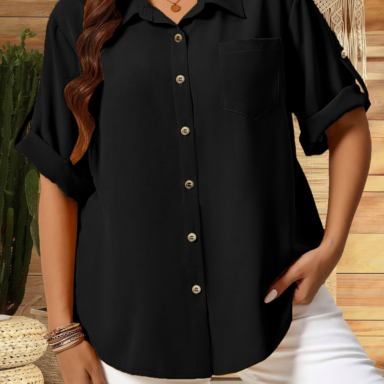 Plus Size Button Front Collared Blouse, Casual Short Sleeve Blouse For , Women's Plus Size Clothing
Plus Size Button Front Collared Blouse, Casual Short Sleeve Blouse For , Women's Plus Size Clothing