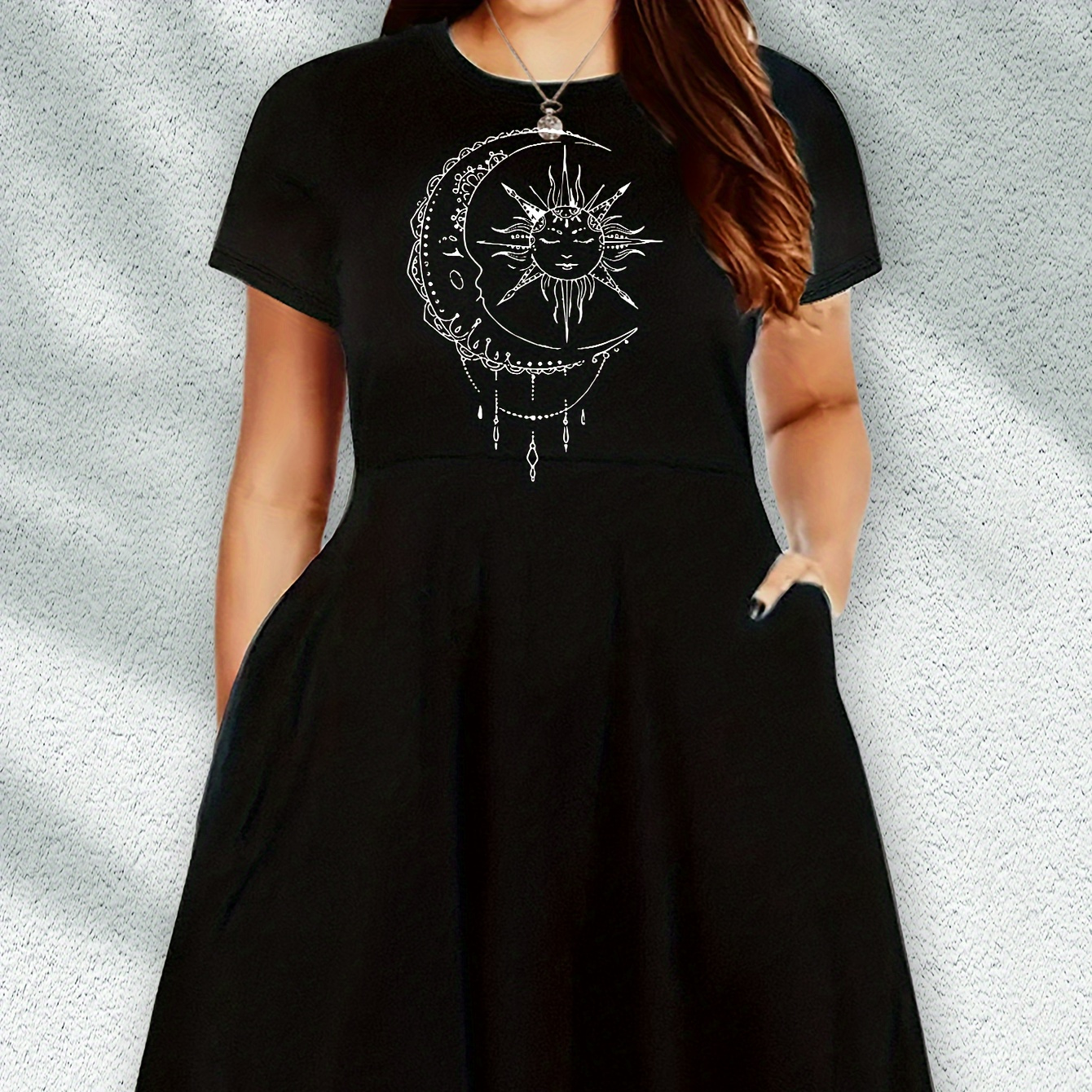 Plus Size Moon & Sun Print Crew Neck Dress, Casual Short Sleeve Dress For Spring & Summer, Women's Plus Size Clothing
Plus Size Moon & Sun Print Crew Neck Dress, Casual Short Sleeve Dress For Spring & Summer, Women's Plus Size Clothing