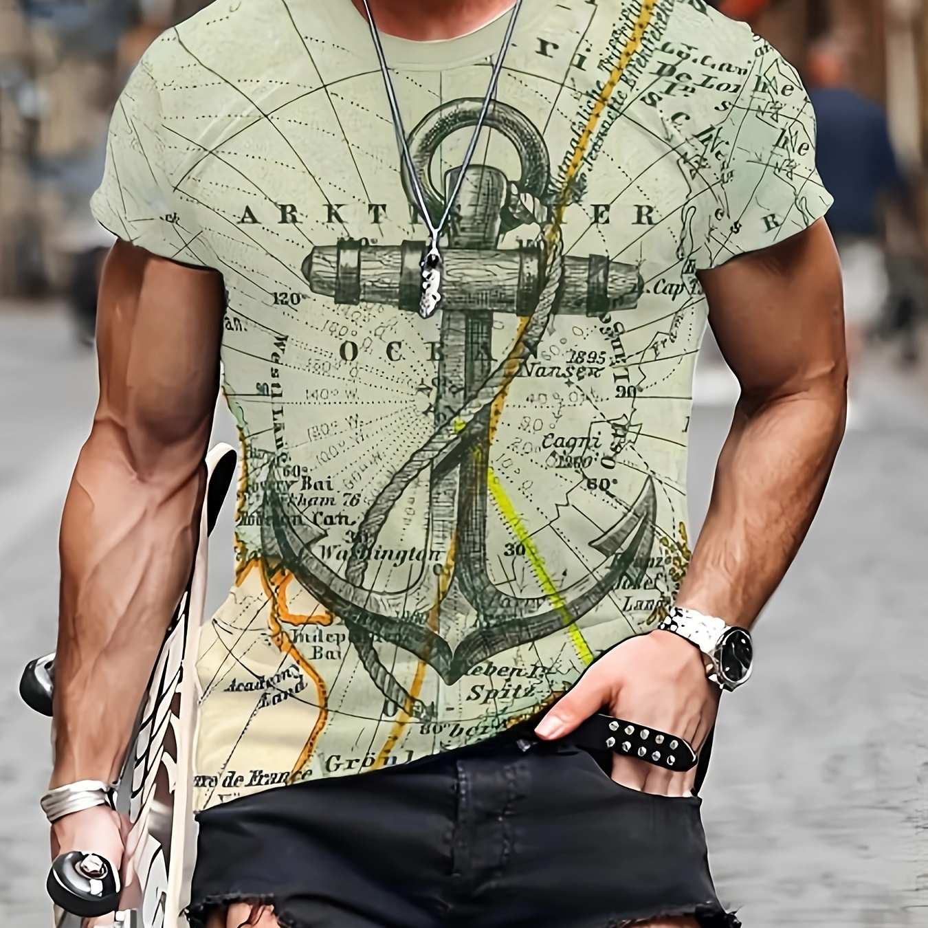 Anchor Pattern T-shirt, Men's Casual Street Style Stretch Round Neck Tee Shirt For Summer
Anchor Pattern T-shirt, Men's Casual Street Style Stretch Round Neck Tee Shirt For Summer
