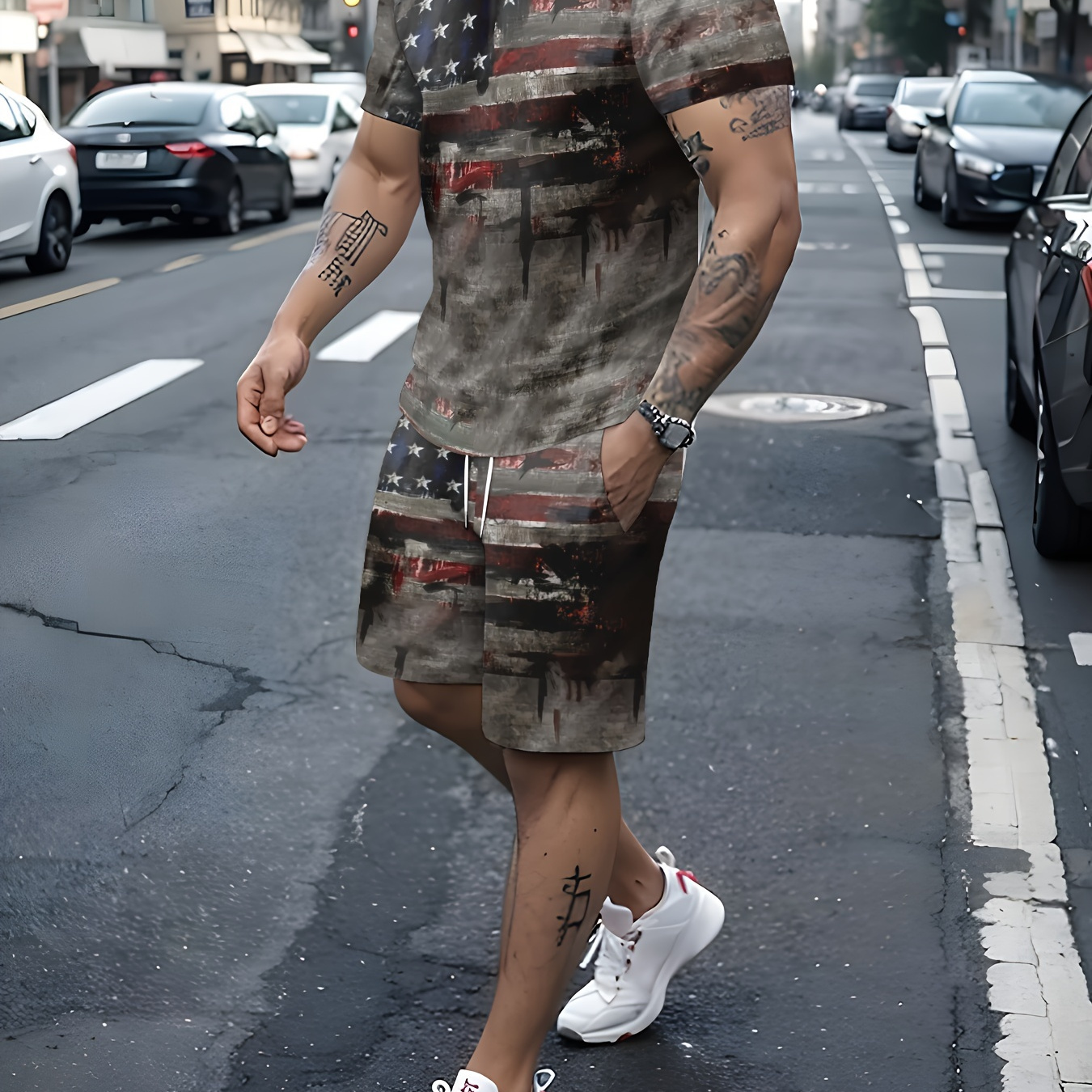 2-piece Men's Distressed American Flag Pattern Design Summer Outfit Set, Men's Short Sleeve Crew Neck T-shirt & Drawstring Shorts With Pockets
2-piece Men's Distressed American Flag Pattern Design Summer Outfit Set, Men's Short Sleeve Crew Neck T-shirt & Drawstring Shorts With Pockets