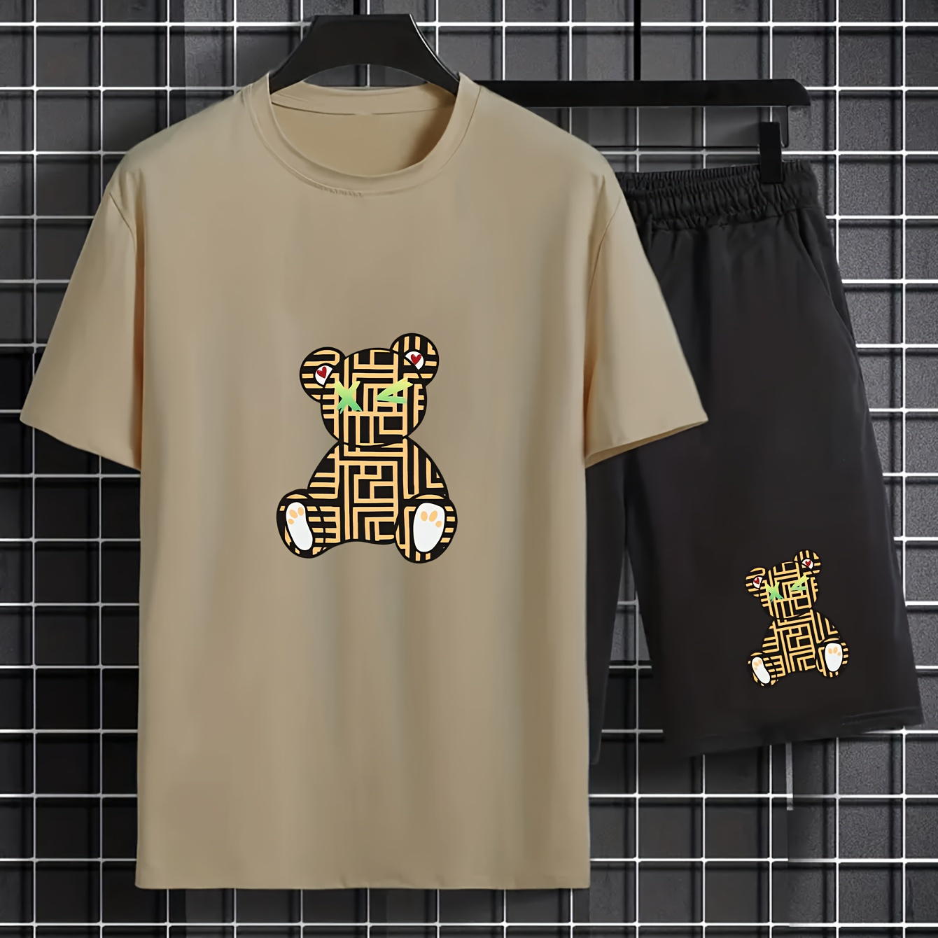Creative Cute Bear Print Men's 2pcs Casual Comfy Set, Short Sleeve T-shirt & Shorts Outfits, Cool, Versatile And Comfortable Clothes For Summer
Creative Cute Bear Print Men's 2pcs Casual Comfy Set, Short Sleeve T-shirt & Shorts Outfits, Cool, Versatile And Comfortable Clothes For Summer