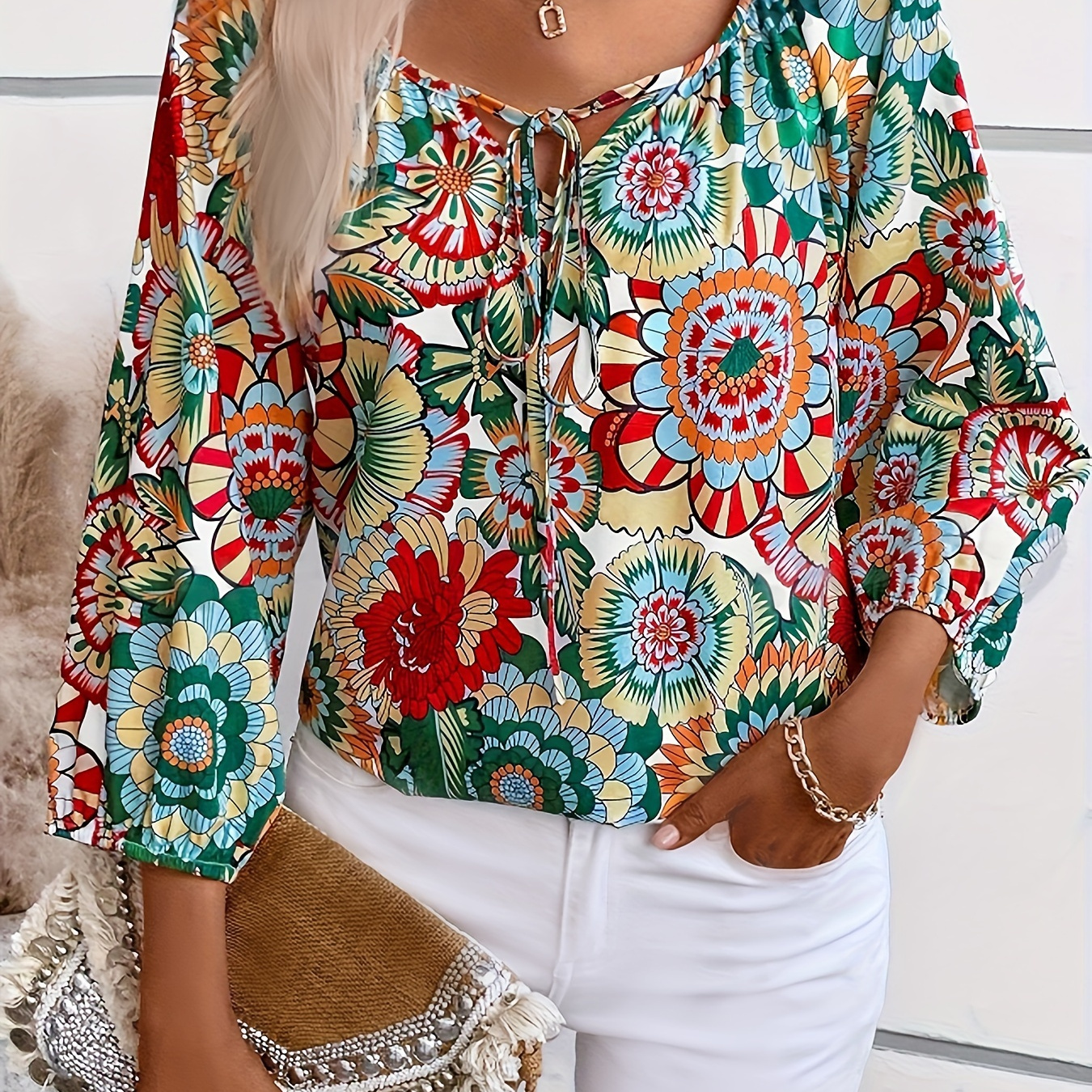 Floral Pattern Tie Front Blouse, Elegant 3/4 Sleeve Blouse For Spring, Women's Clothing
Floral Pattern Tie Front Blouse, Elegant 3/4 Sleeve Blouse For Spring, Women's Clothing