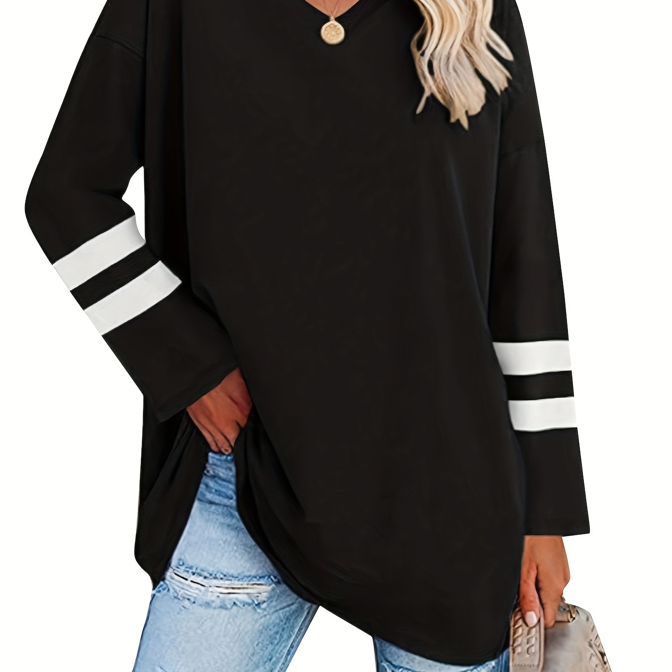 T-shirt ample à col en V à imprimé rayé, T-shirt décontracté à manches longues pour le printemps et l'automne, vêtements pour femmes
T-shirt ample à col en V à imprimé rayé, T-shirt décontracté à manches longues pour le printemps et l'automne, vêtements pour femmes