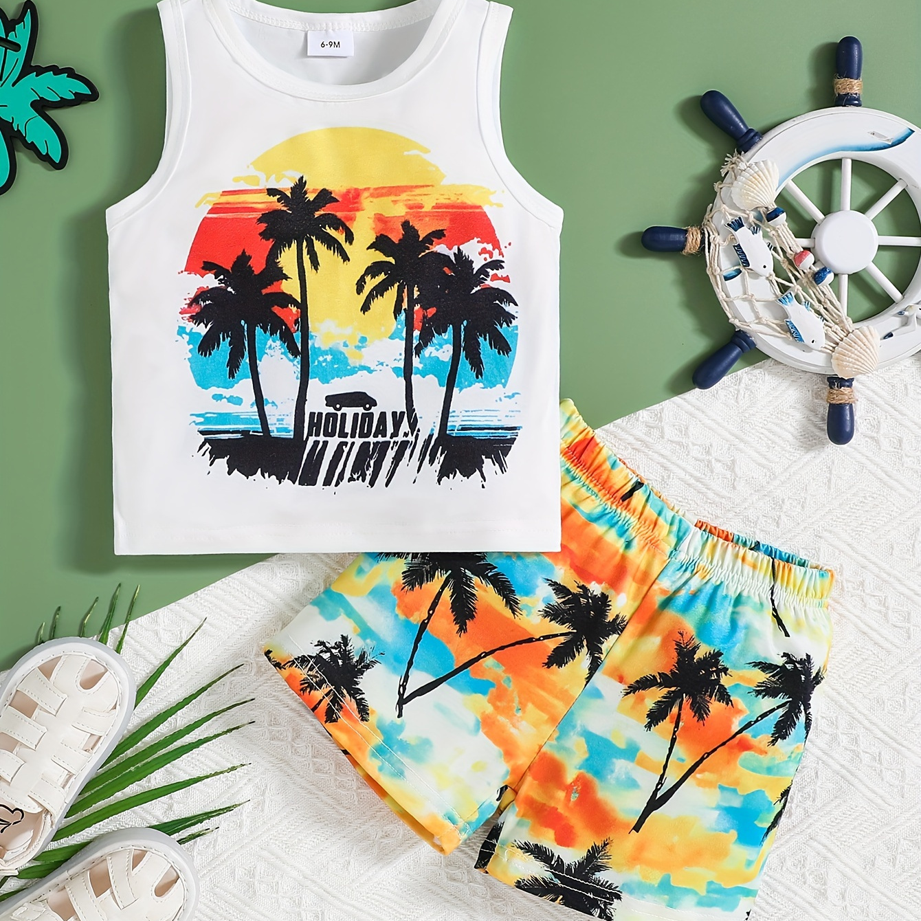 2pcs Baby Boys' Set, Tropical Coconut Tree Print, Sleeveless T-shirt And Shorts Outfit, Cute Beach Casual Style For Baby And Newborn Boys
2pcs Baby Boys' Set, Tropical Coconut Tree Print, Sleeveless T-shirt And Shorts Outfit, Cute Beach Casual Style For Baby And Newborn Boys