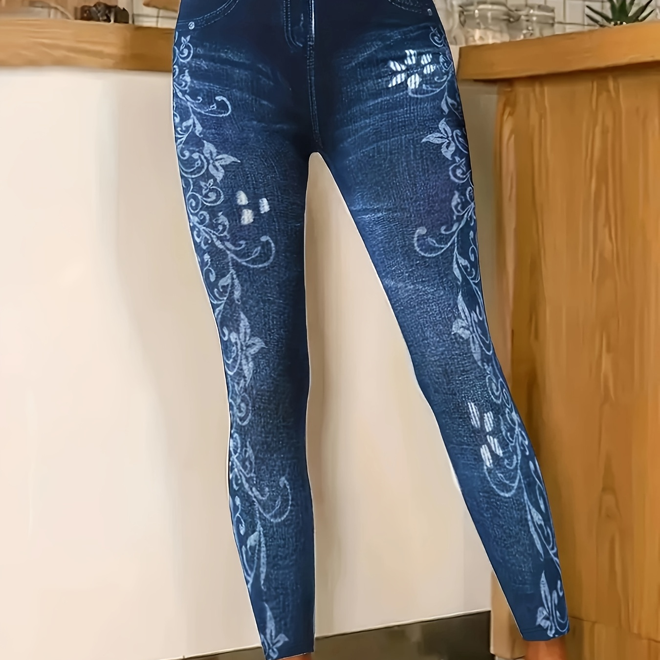 Women's High-waist Skinny Leggings With Denim & Floral Print - Stretchy Polyester , Machine Washable, , High Waisted Leggings
Women's High-waist Skinny Leggings With Denim & Floral Print - Stretchy Polyester , Machine Washable, , High Waisted Leggings