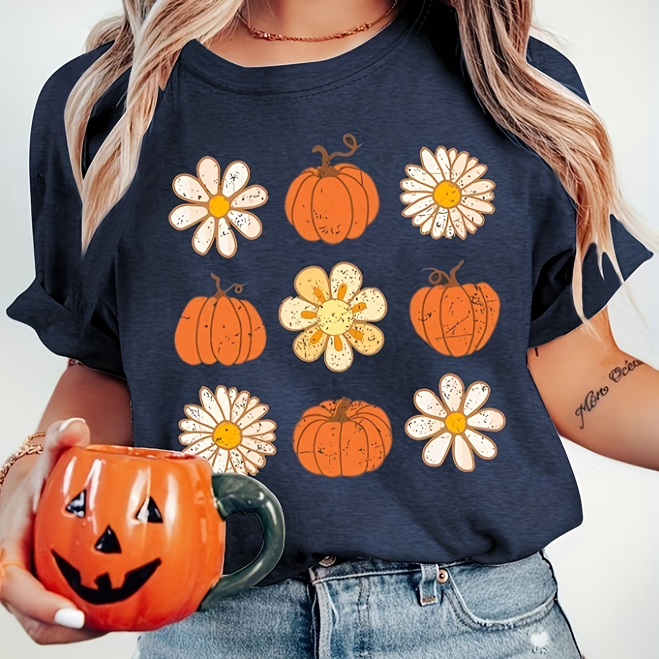 Women's Pumpkin & Flower Print T-shirt - Casual Crew Neck Jersey Top With Knit Fabric, Polyester Blend, Regular Length - Perfect For Spring/summer/fall
Women's Pumpkin & Flower Print T-shirt - Casual Crew Neck Jersey Top With Knit Fabric, Polyester Blend, Regular Length - Perfect For Spring/summer/fall