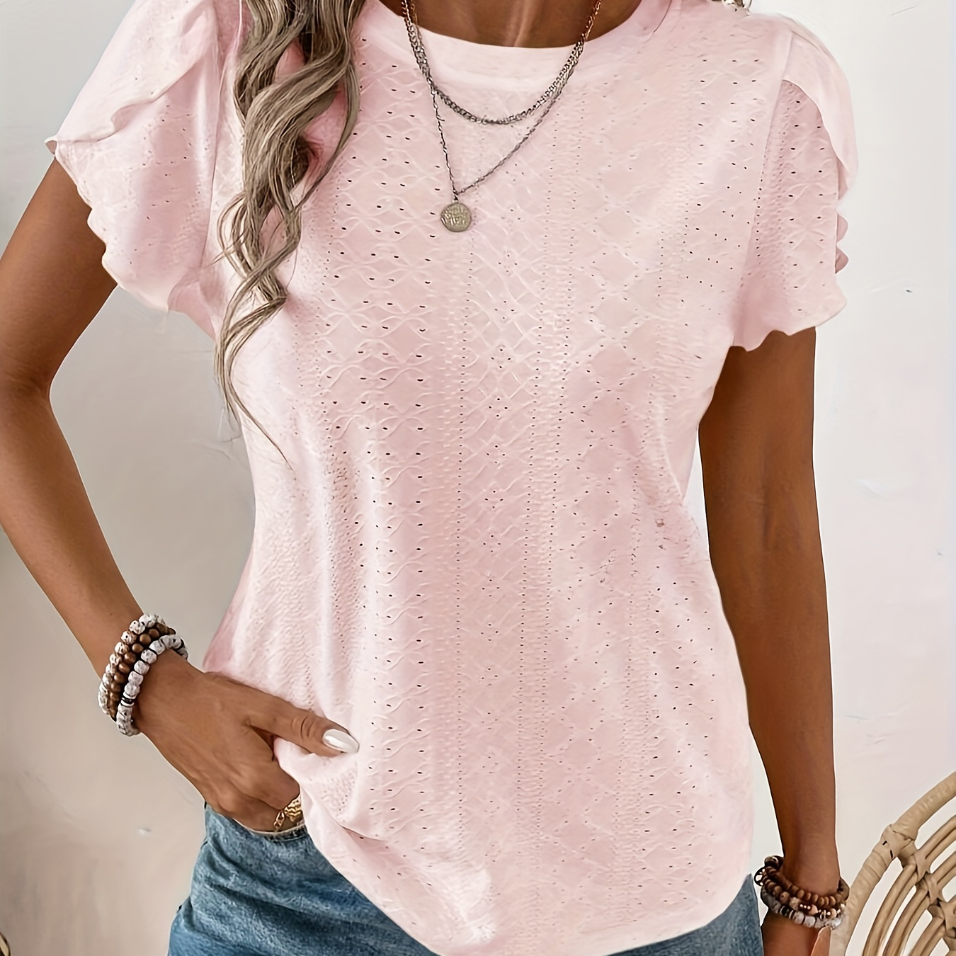 Solid Eyelet Crew Neck T-shirt, Elegant Sleeve Top For , Women's Clothing
Solid Eyelet Crew Neck T-shirt, Elegant Sleeve Top For , Women's Clothing